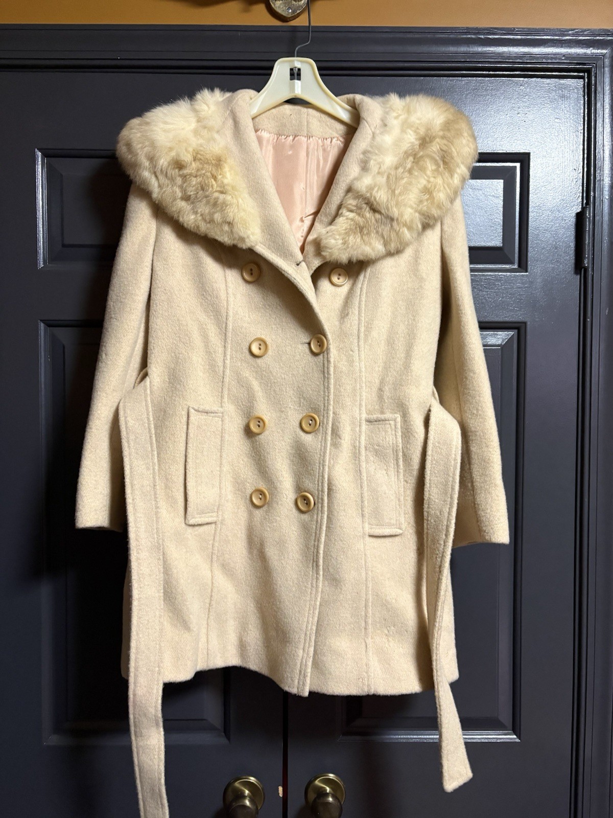Vintage Ivory Wool Coat Real Fur Shawl Collar Belted Double Breasted Women’s M