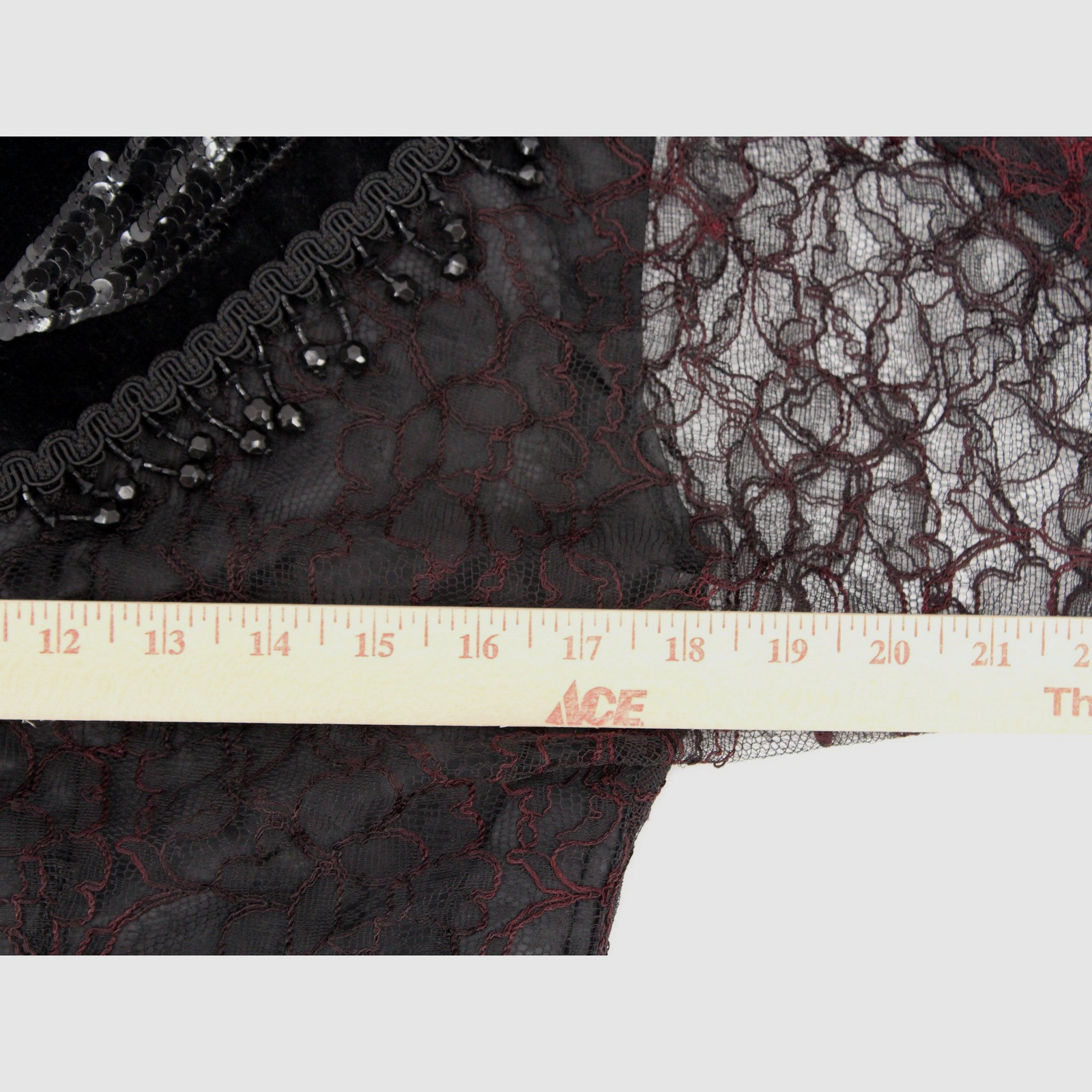 Sue Wong Bolero Jacket Medium Black Burgundy Lace Velvet Sequin Beaded Fringe