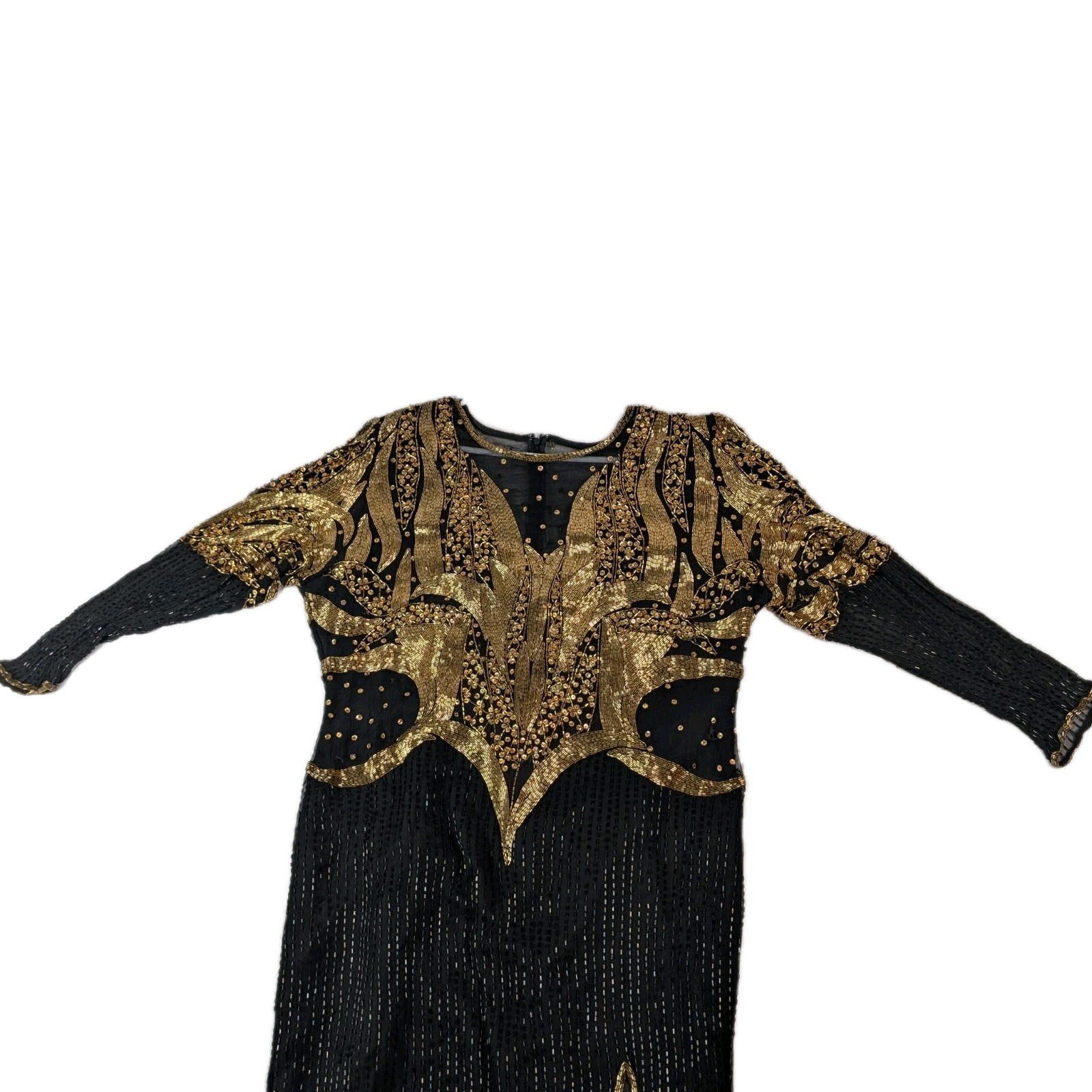 Vtg Landmark Silk Beaded Gown XL, Black Gold Sequin Maxi Dress, Flapper READ