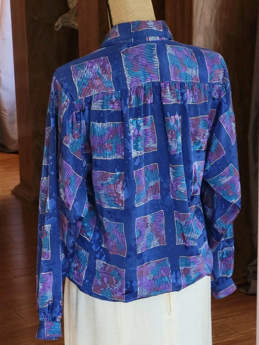 Da Rue Of California Vintage Blue Polyester Geometric Design Blouse Large
