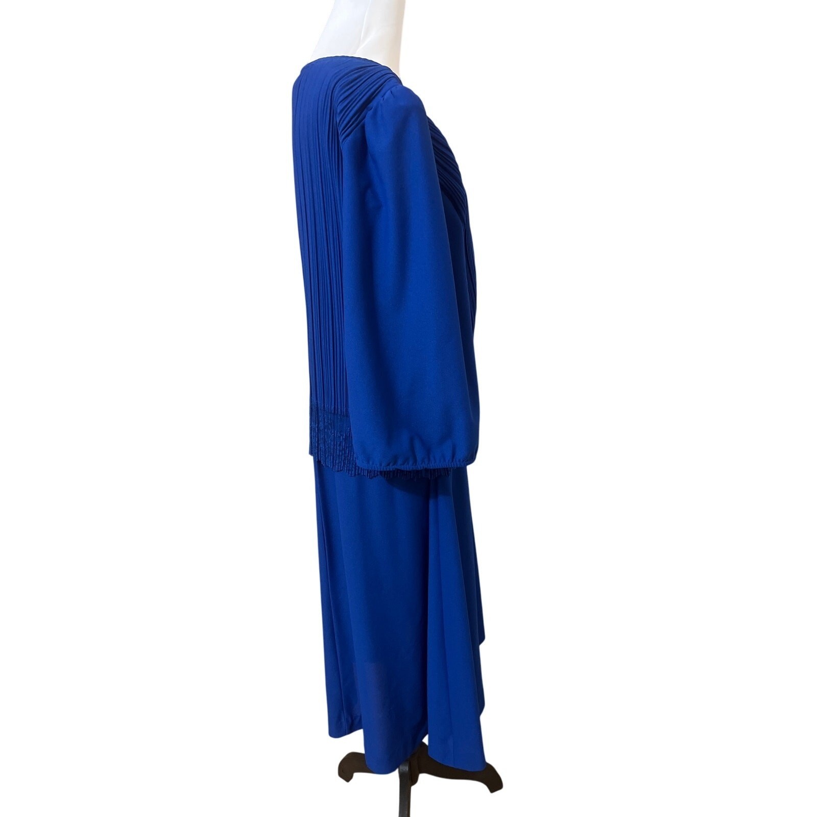 Good Times Vintage 80s Royal Blue Pleated Drop Waist Lace Trim Midi Dress 13/14