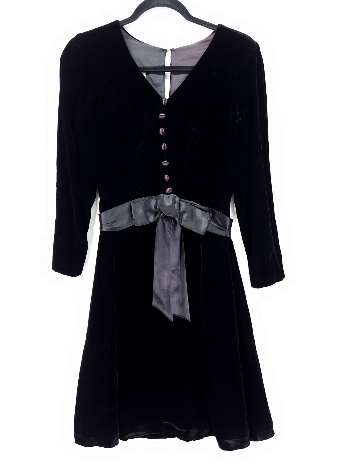 Joanna Nelson Vintage Black Velvet Dress Size Small Satin Bow Midi Party Formal