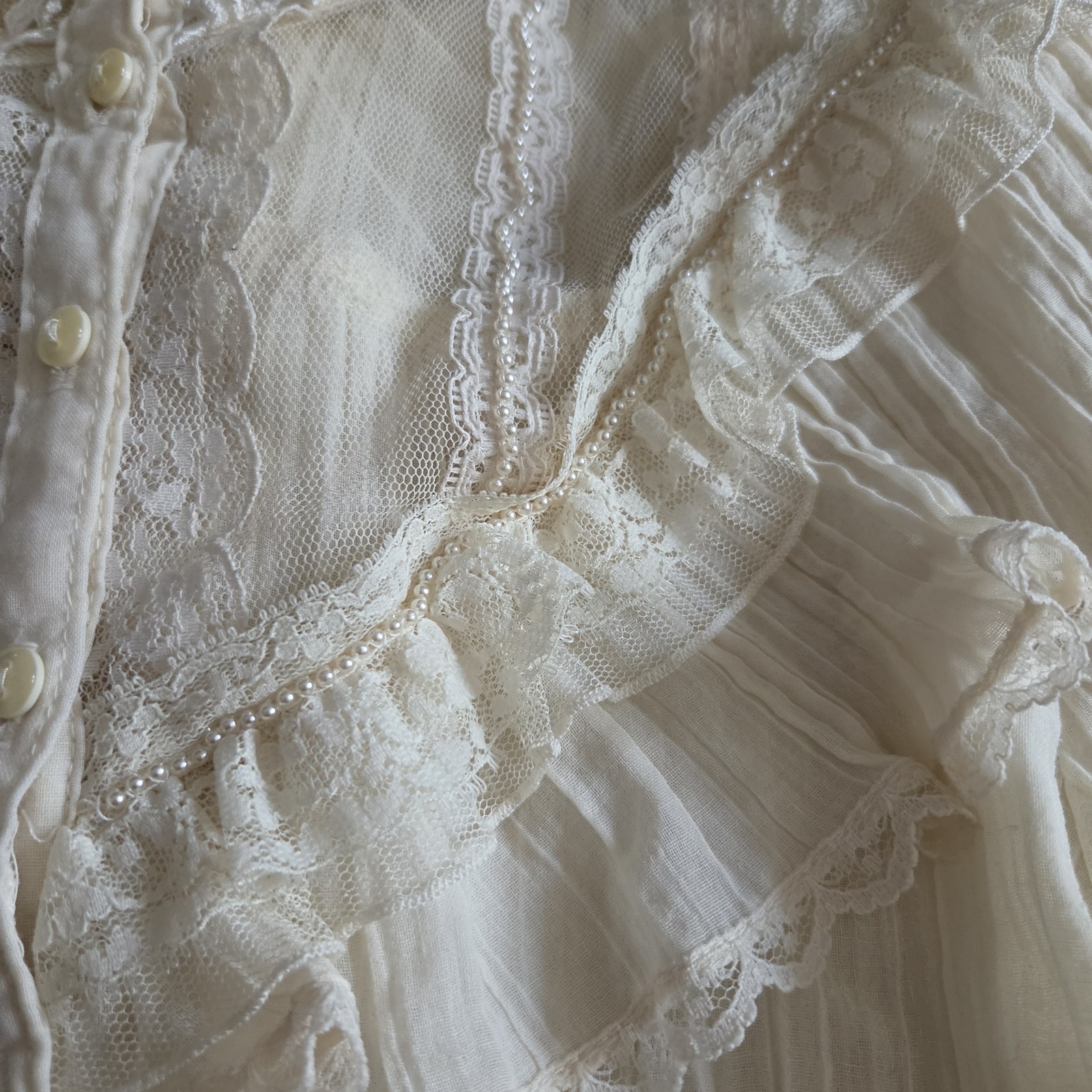 Gunnies Ivory Sheer Lace Blouse High Neck Ruffle Pearl Button Long Sleeve
