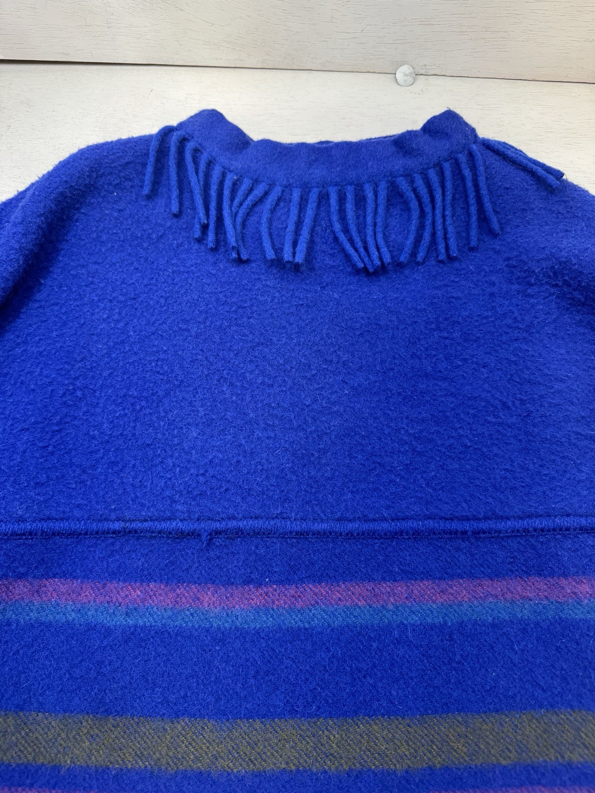 Vintage Lapp Lander Fringed Blanket Sweater Blue 100% Wool Norway 40