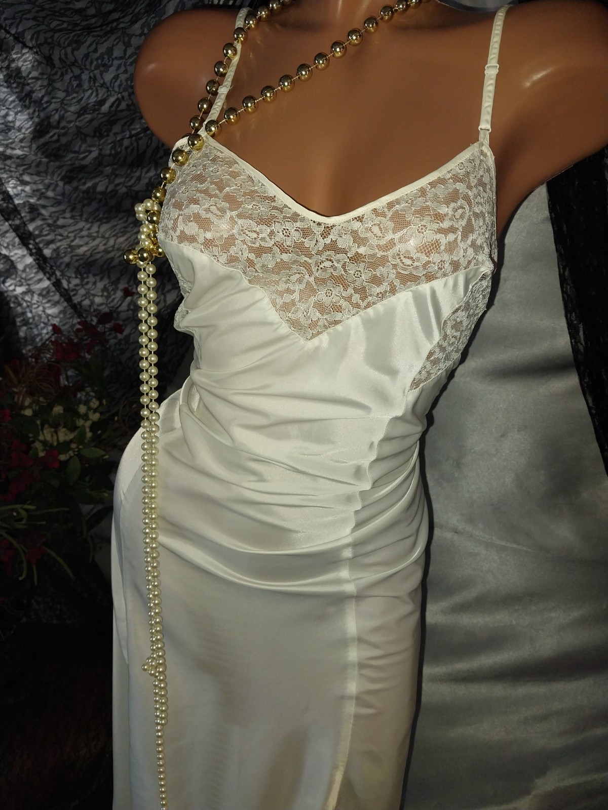 VTG 40’S SATIN CHANTILLY LACE DECO DOWTON DRESS SLIP NIGHTGOWN EDWARDIAN LACE S