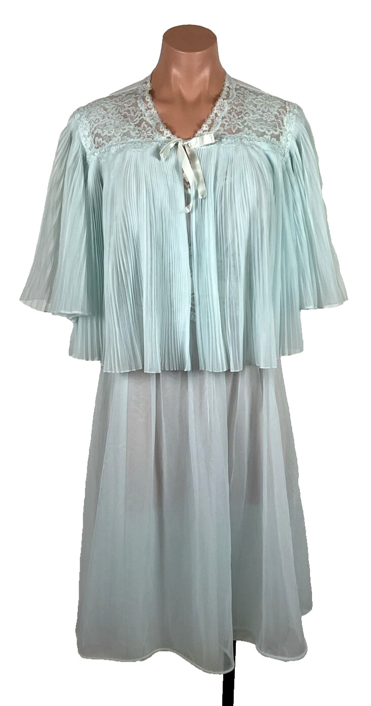 VTG PERMA PLEAT CHIFFON LACE 200″ SWEEP Peignoir ROBE Gown Cape 3pc Set RARE!!!