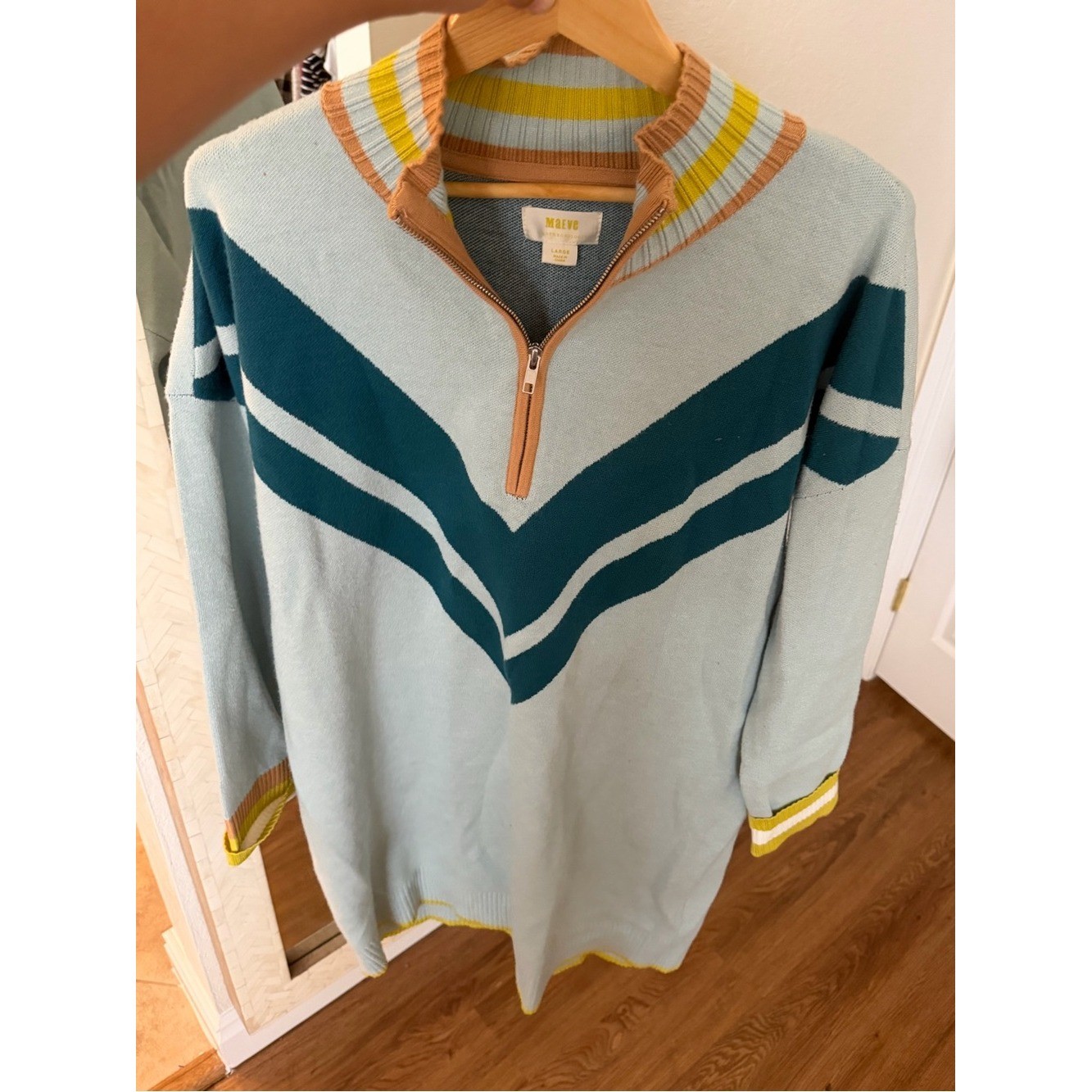 Anthropologie Maeve VarsityLight Blue Chevron Zip-Neck Sweater Dress – Unbranded