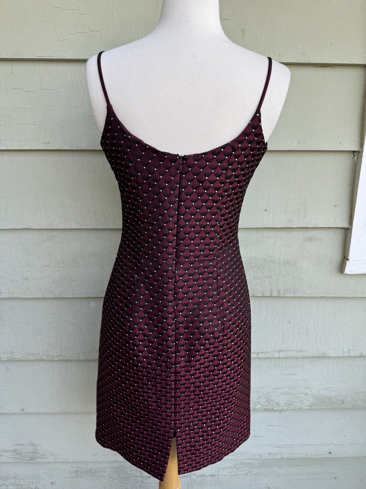 Vtg 90’s Jessica McClintock Mini Dress Burgundy Gold 7 Rhinestones Square Neck
