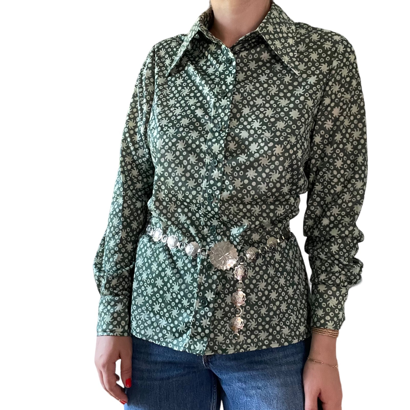 Vintage 1970s Womens Neusteters Green Retro Disco Collar Psychedelic Blouse Sz M