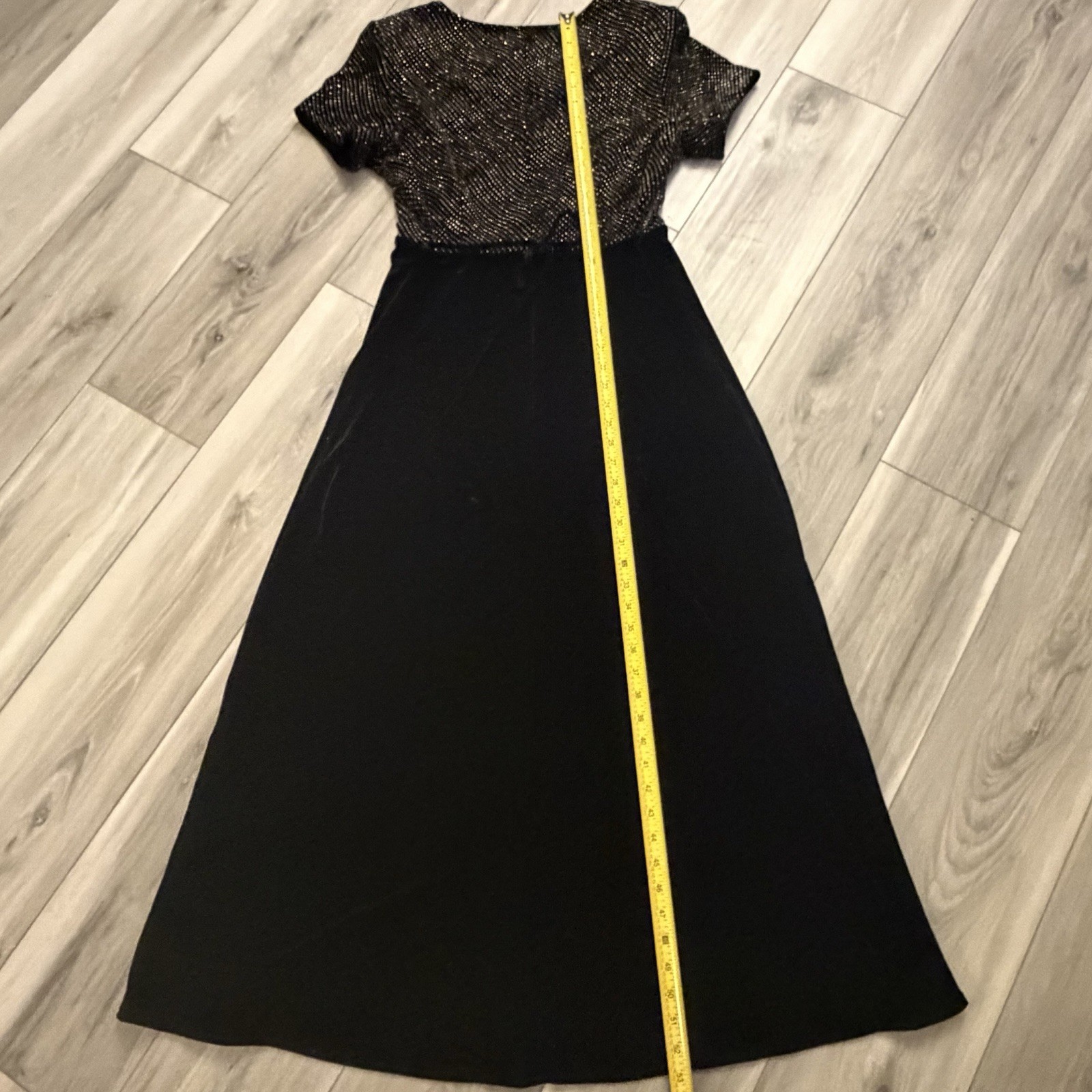 Vintage Another Thyme Black Velvet Maxi Dress Size 14 Gold Glitter Dots Tie Back