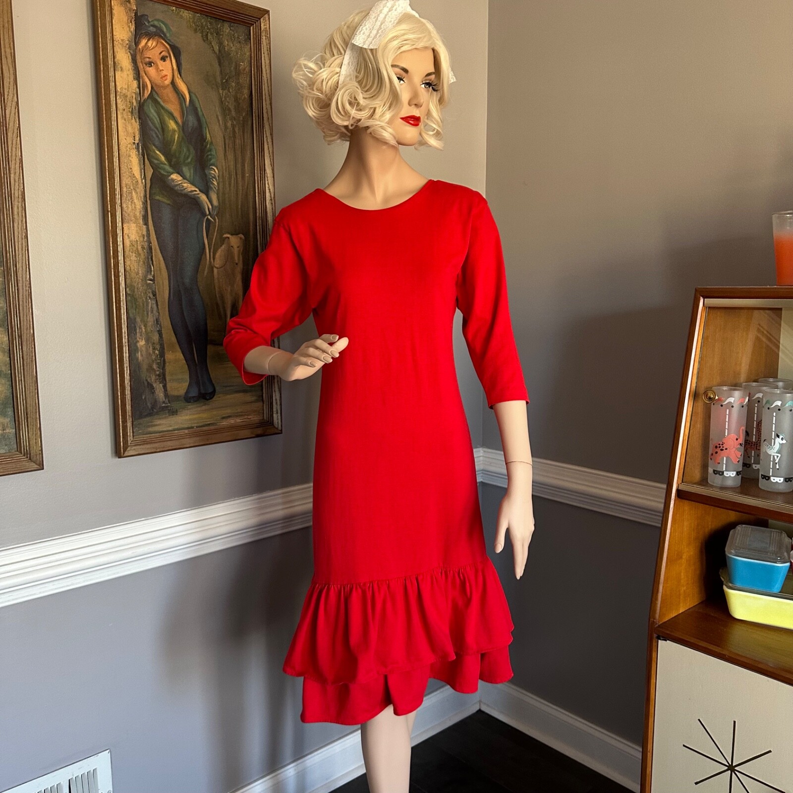 Vintage 80s New Wave Red Shirt Dress Red with flirty Double Ruffle Hem Size M