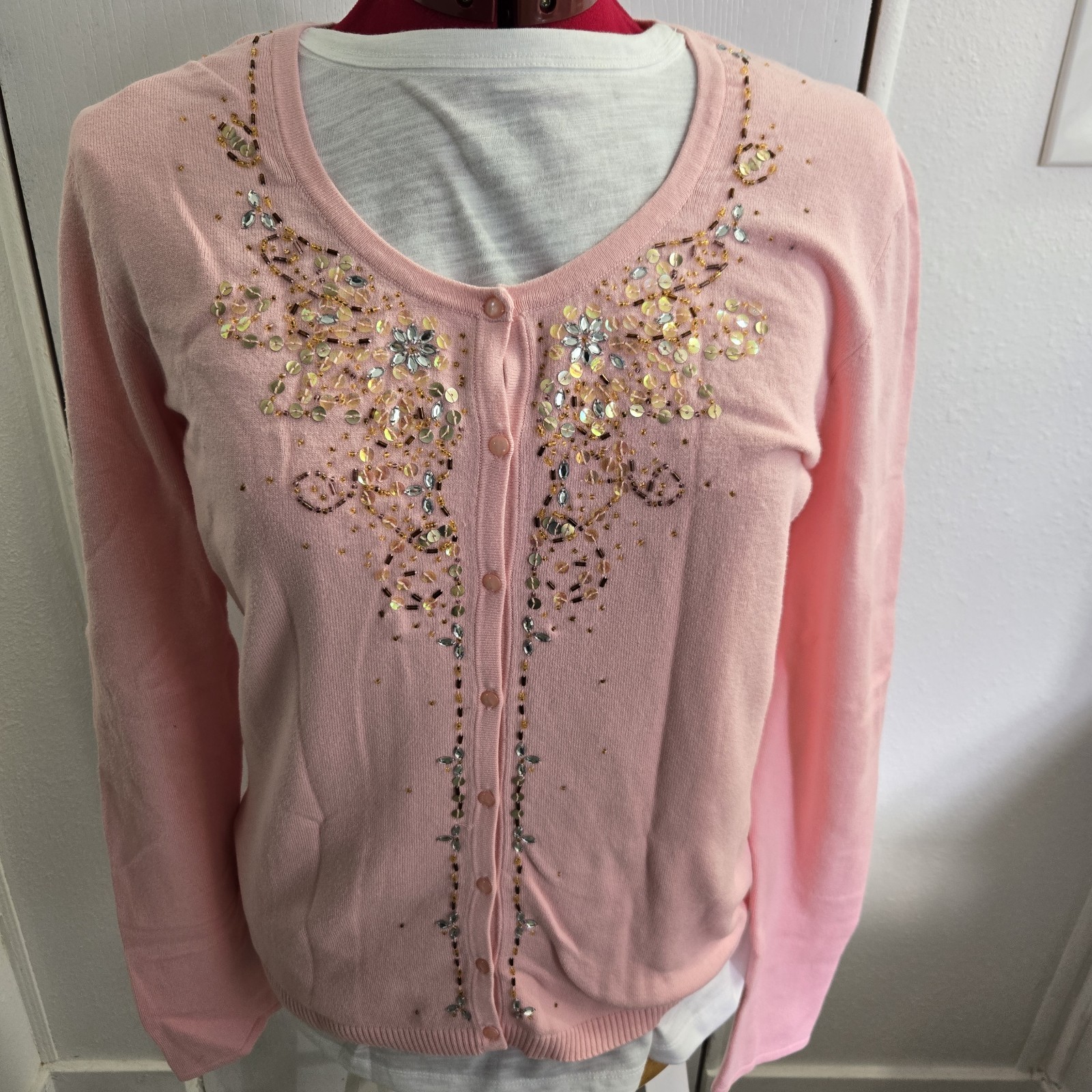 Vtg Chadwick’s Hong Kong Beaded Embellished Pink Cardigan Sweater Sz Large READ