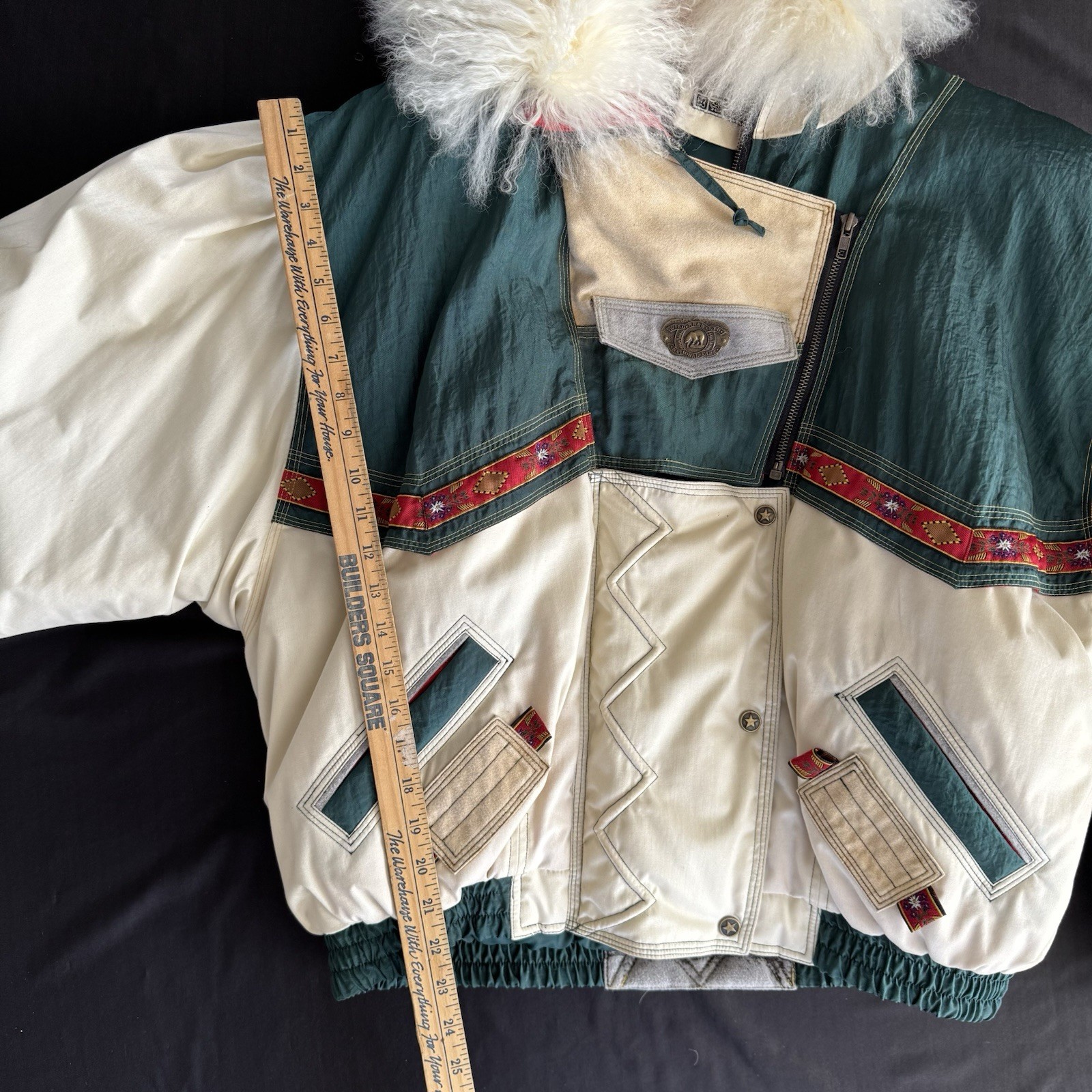 Vintage National Park J.Gallery Colorful Bomber Jacket Mongolian Lamb Fur Trim L