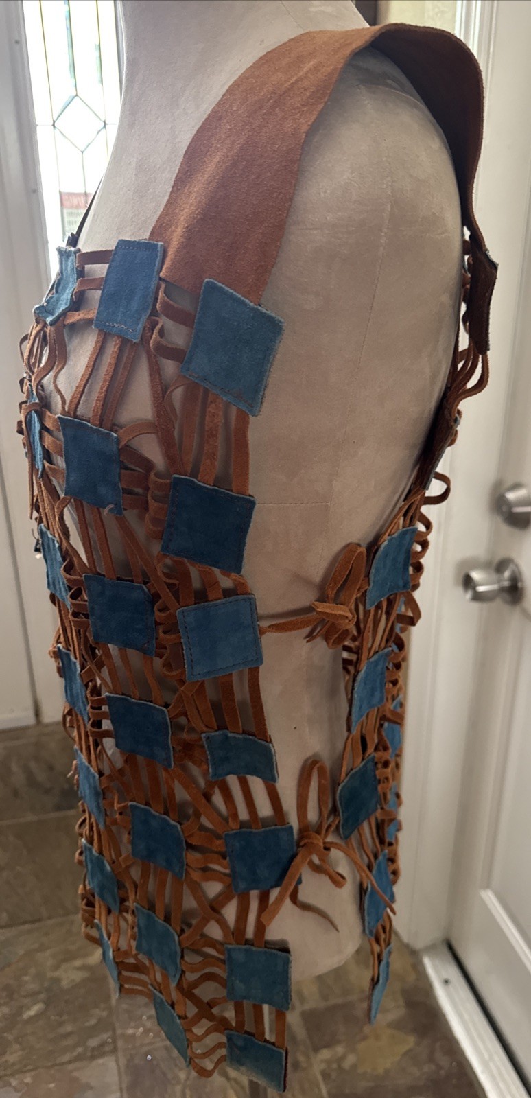 Vintage 70’s Hippie Suede Leather Cut Squares Blue & Brown Vest Made In Mexico