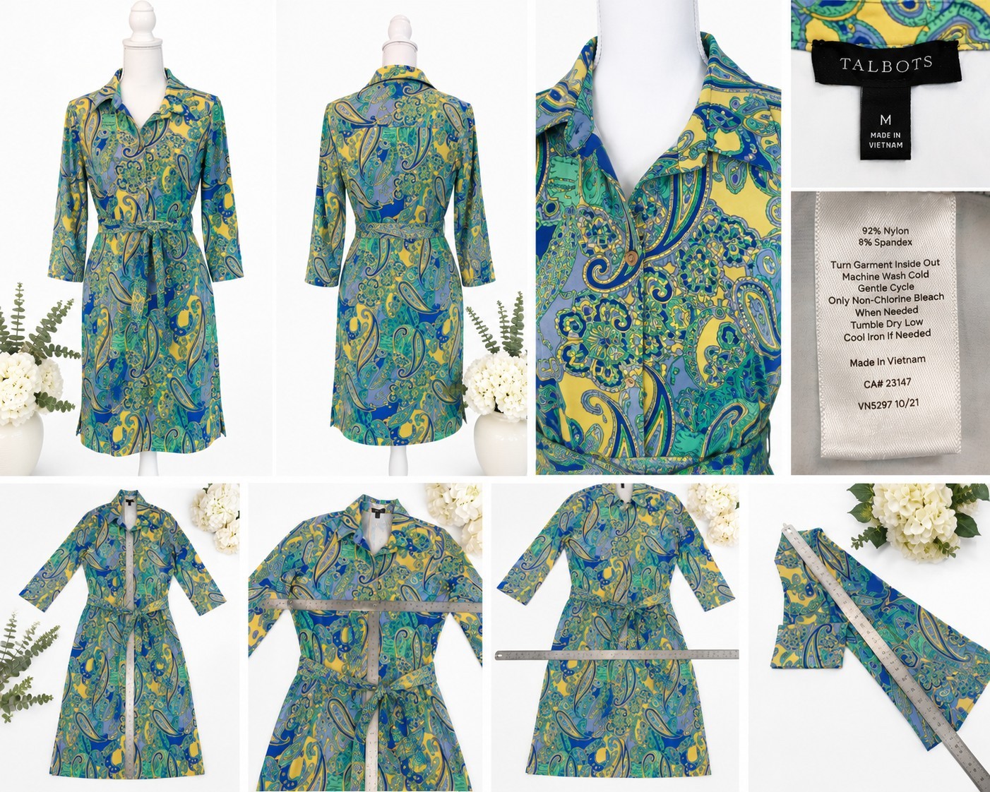 Talbots M Paisley Shirt Dress Blue Green Yellow Stretch Button Front Tunic