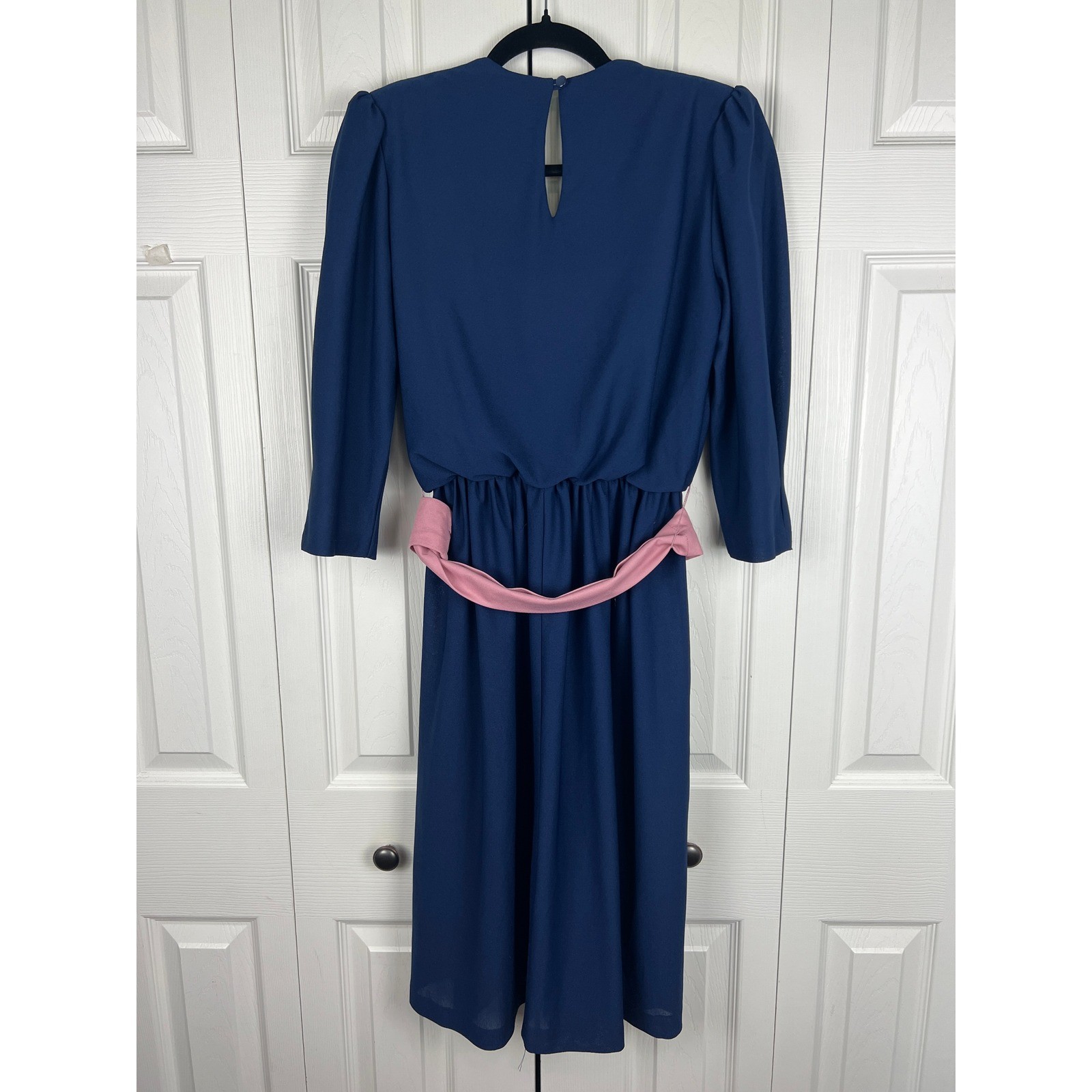Jenny Petites Vintage Midi Dress 90s Prairie Coquette Navy Blue Polyester Size 6