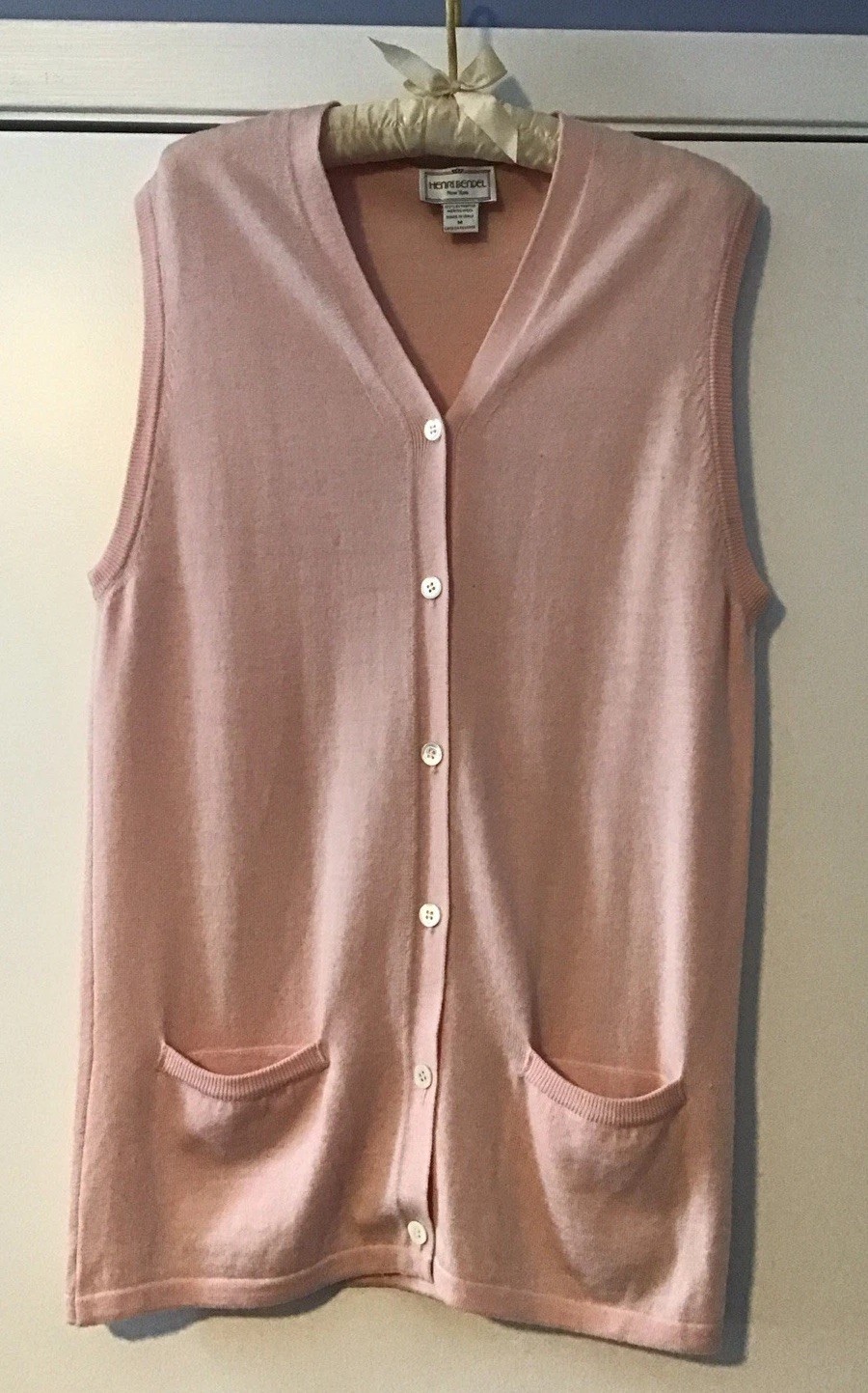 Henri Bendel Pastel Pink Fine Merino Wool Knit Sweater Duster Vest, Medium*Italy