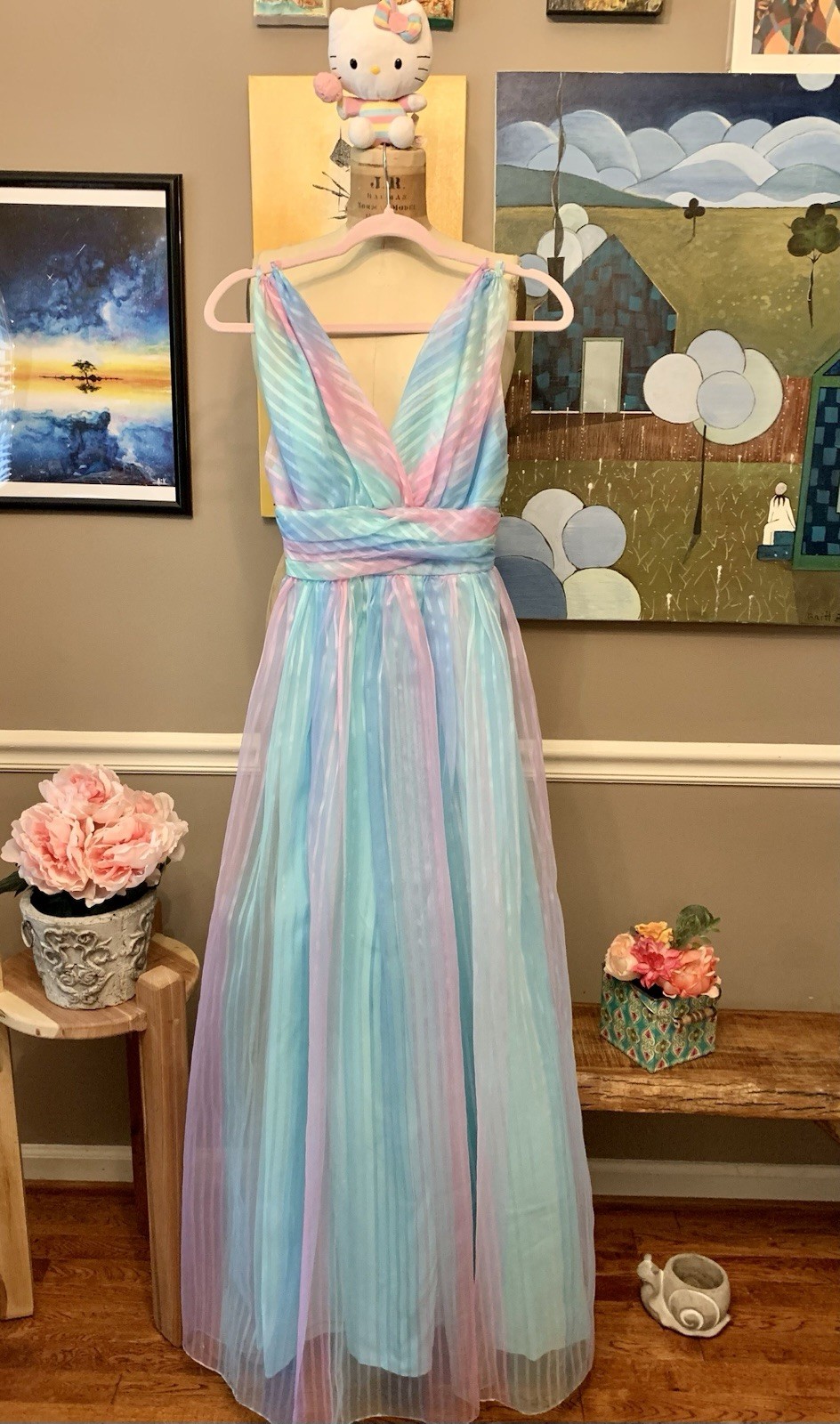 True Vintage 70s 80s Mike Benet Rainbow Pastel Pleated Maxi Dress 6~price drop~