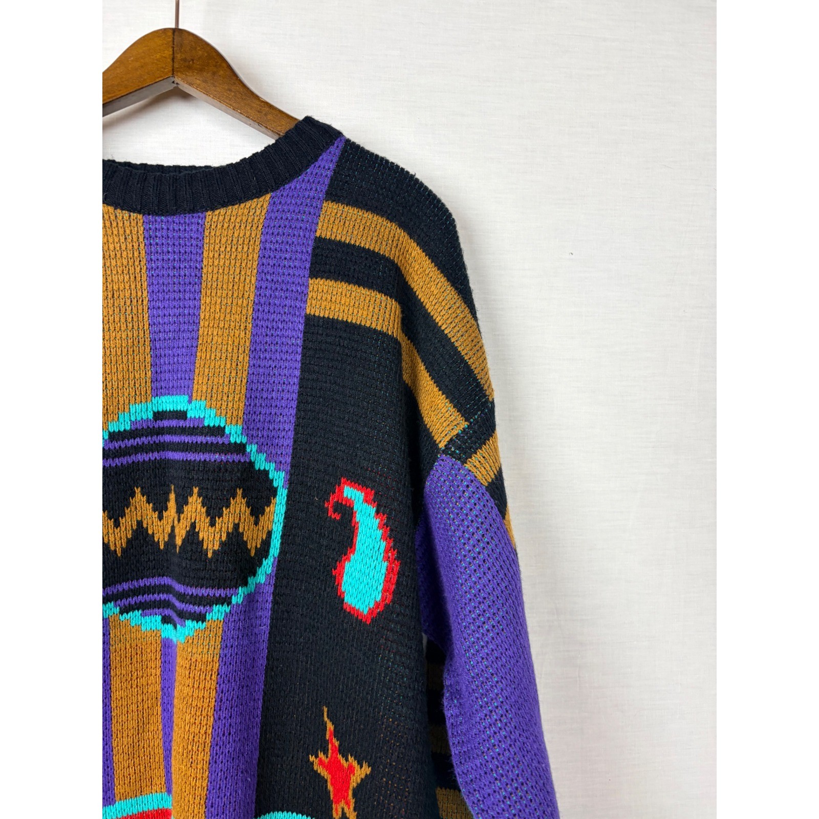 Zeppelin Vintage 90s Abstract Geometric Womens Knit Sweater XL Black Multi