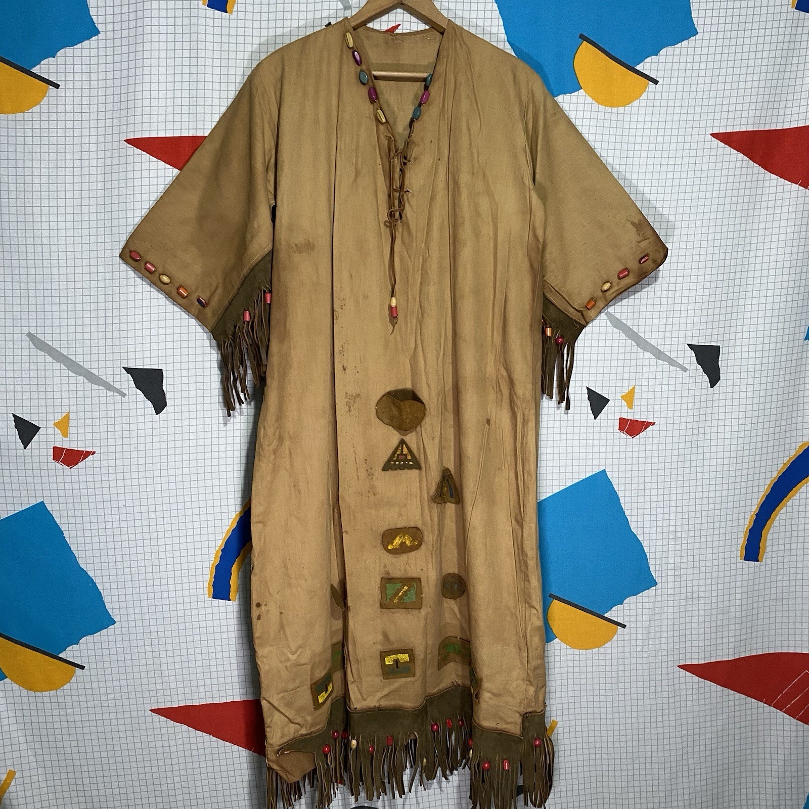 Antique 20s 30s Native Gown Leather Fringe Beads Patches Campfire Girls Navajo