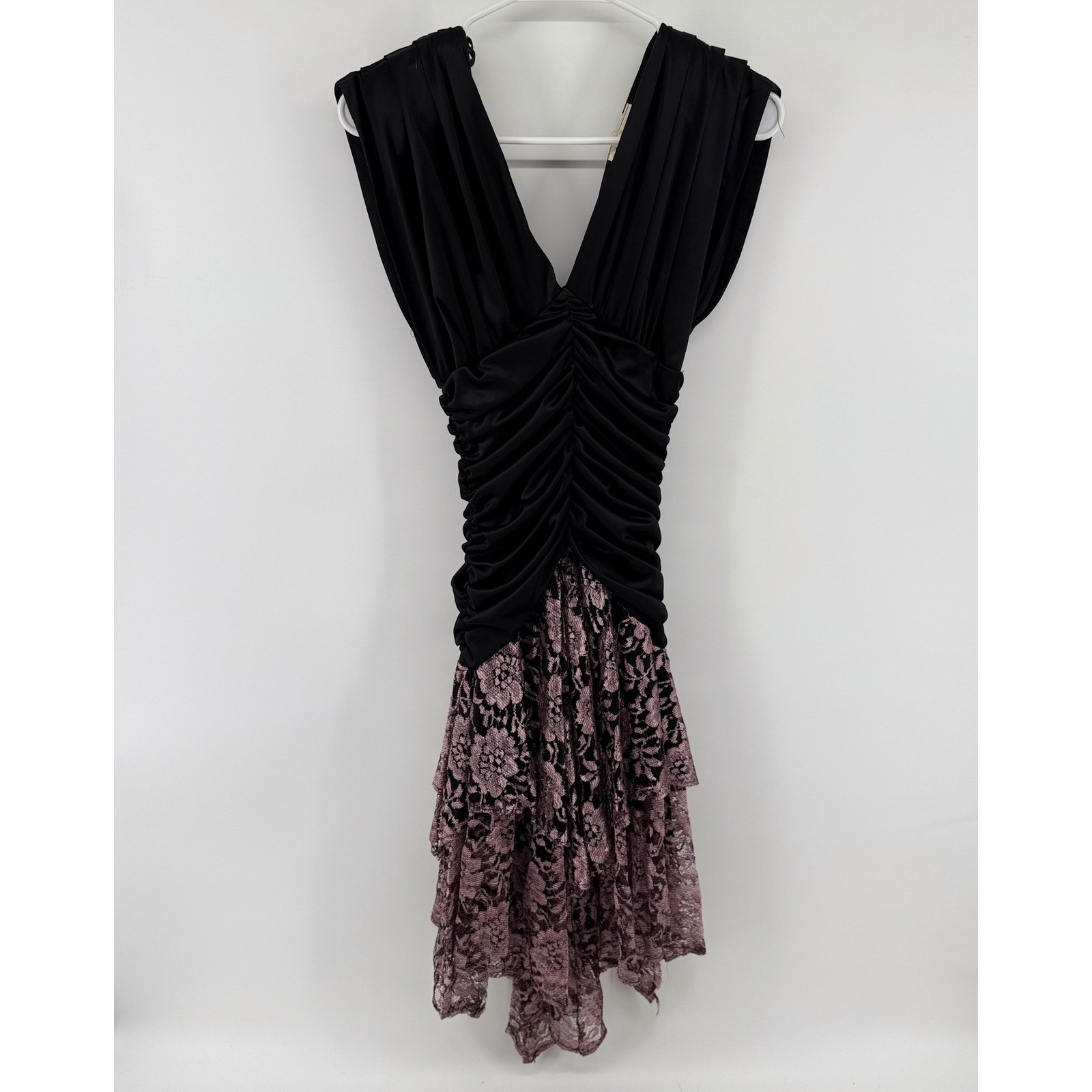 Vintage 80s SENECA Prom Dress Gothic Black Ruched Liquid Satin Pink Lace 3/4
