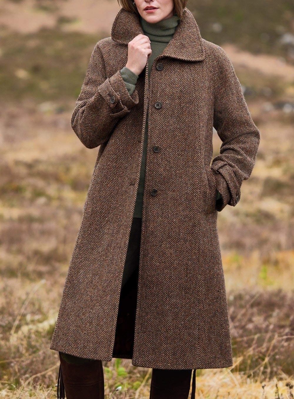Ladies Brown Coat Herringbone Jacket Single Breasted Tweed Long Winter Business