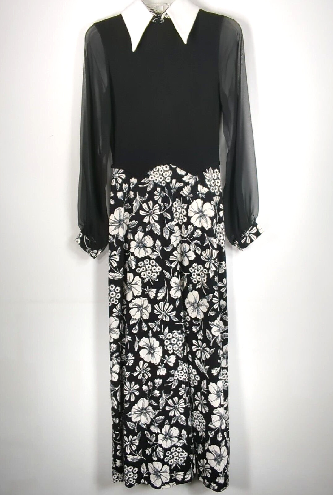 Vintage 1970’s Hawaiian Hostess Dress Maxi Black Floral AS IS See Measurement