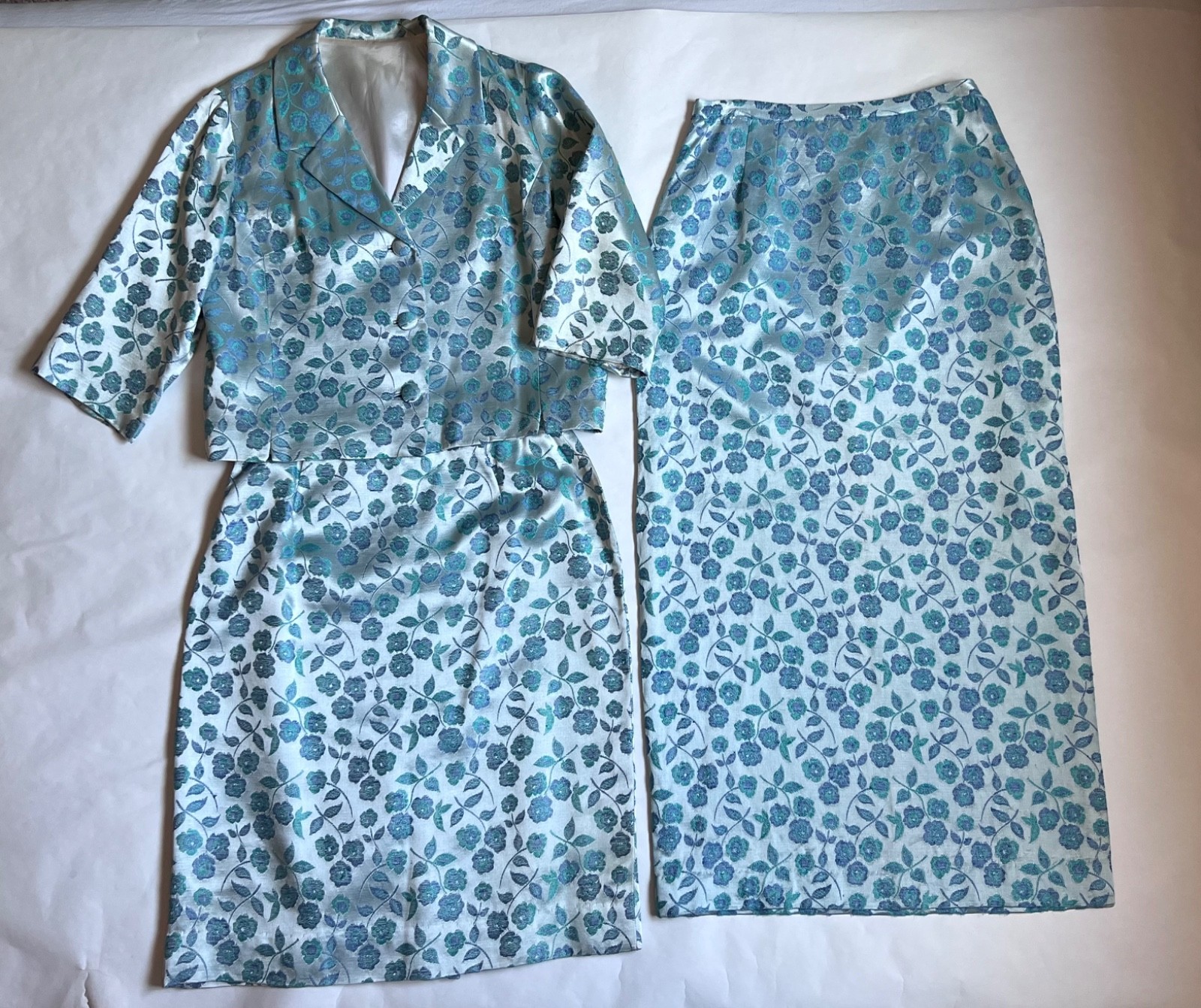 VTG 60’s Blue Silver Flower Brocade 3 Pc Suit Jacket, Short & Long Skirt Size 8