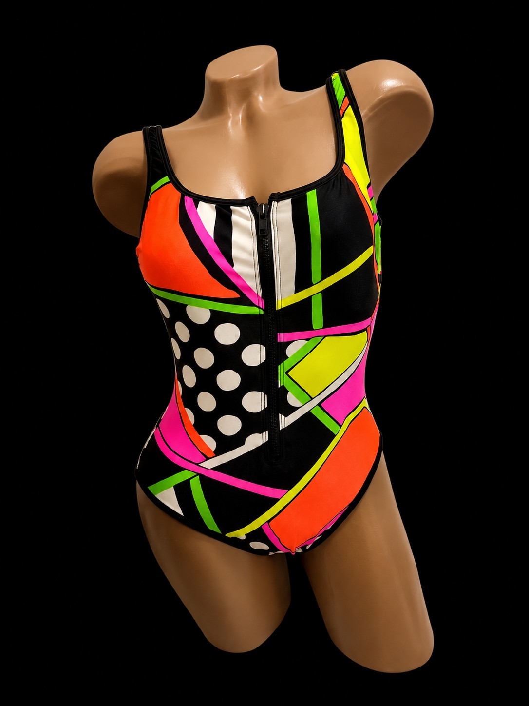Vintage La Blanca Neon Geometric One Piece Swimsuit Size 10 Zip Front 80s 90s