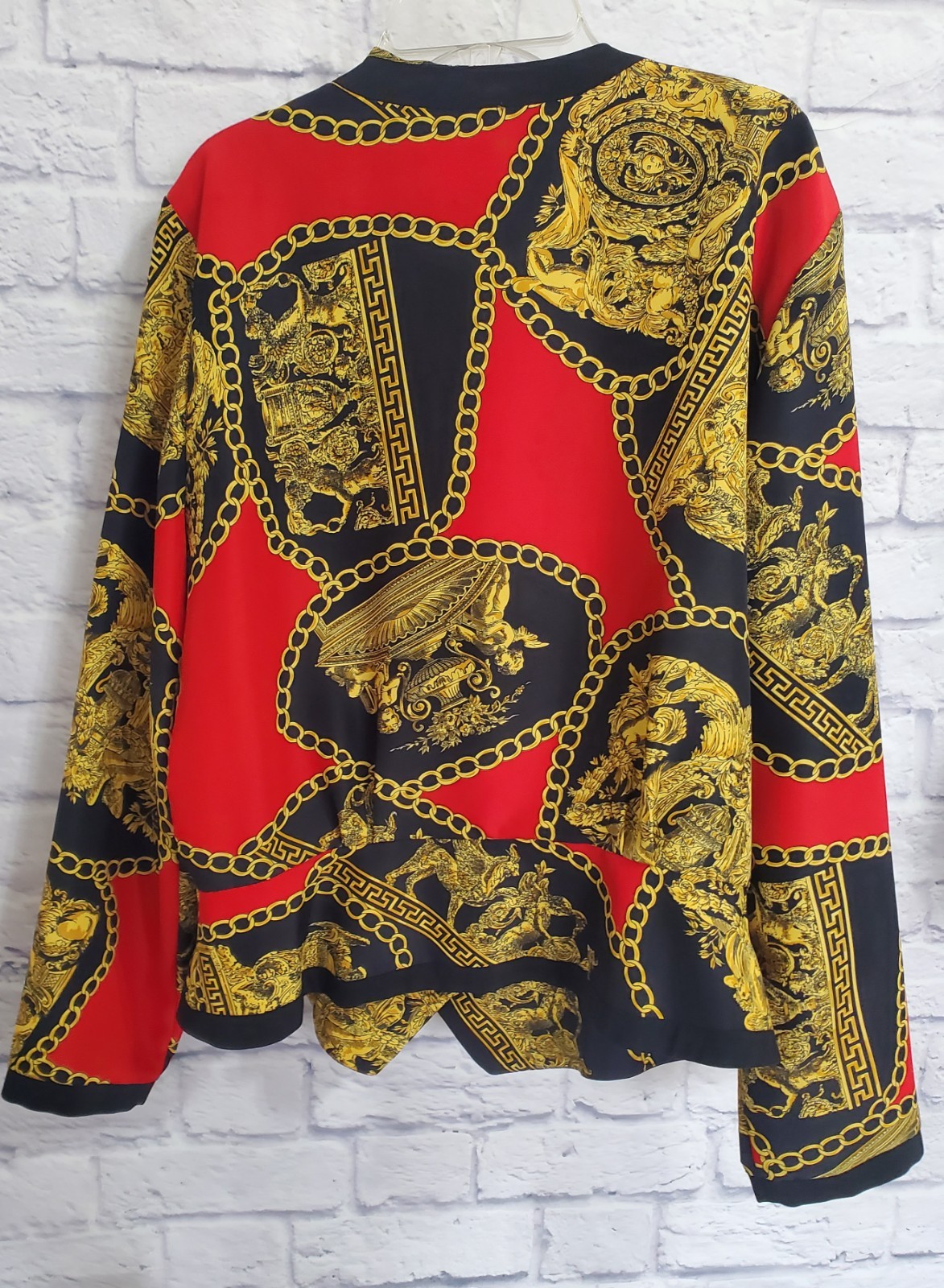 Vintage Baroque Chain Print Jacket Blouse Red Black Gold Button Front Size L XL