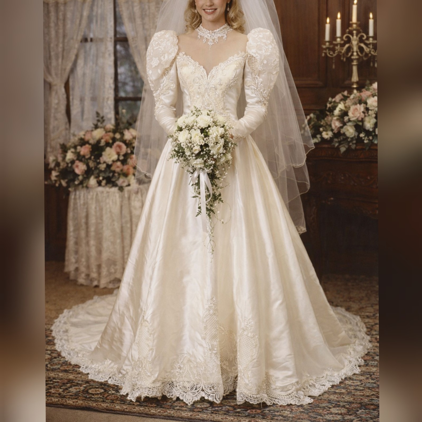 Union Made Vintage 80s Ivory Satin Sequin & Lace Long Sleeve Wedding Dress sz 10