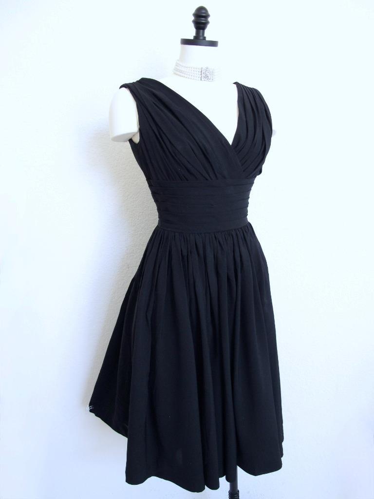Vintage 50s Miss Elliette Black Cocktail Dress XS Bombshell Ruched Full Skirt