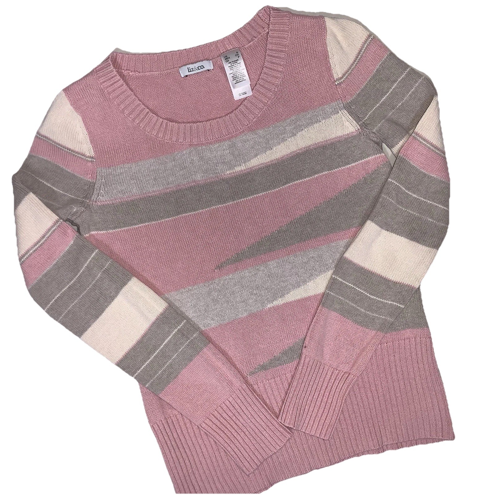 Liz And Co Vintage Sweater Women’s Pink Cream And Gray Striped Knit Small