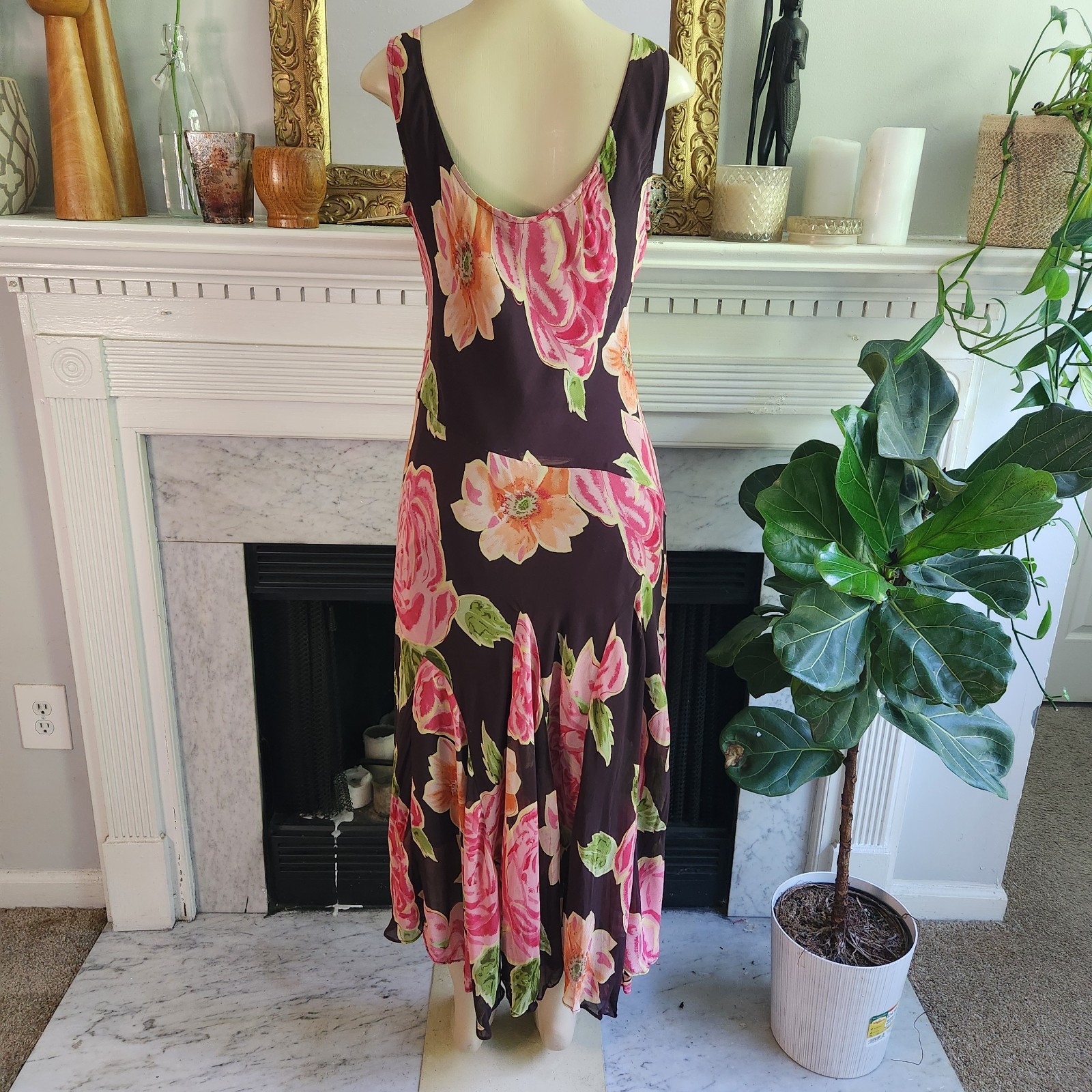 Vintage Y2K Brown Floral Tank Dress Pink Maxi Sequin Romantic Boho Size Large