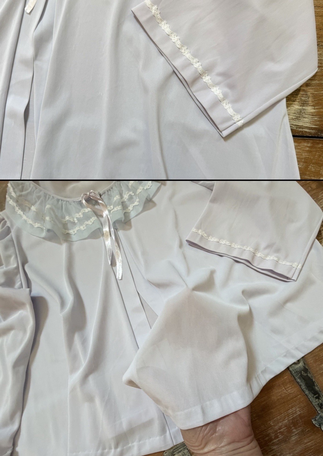 VTG 1950s MISS ELAINE Pale Lavender-Blue Pajama Top-BED JACKET PJ Sheer Lace M/L