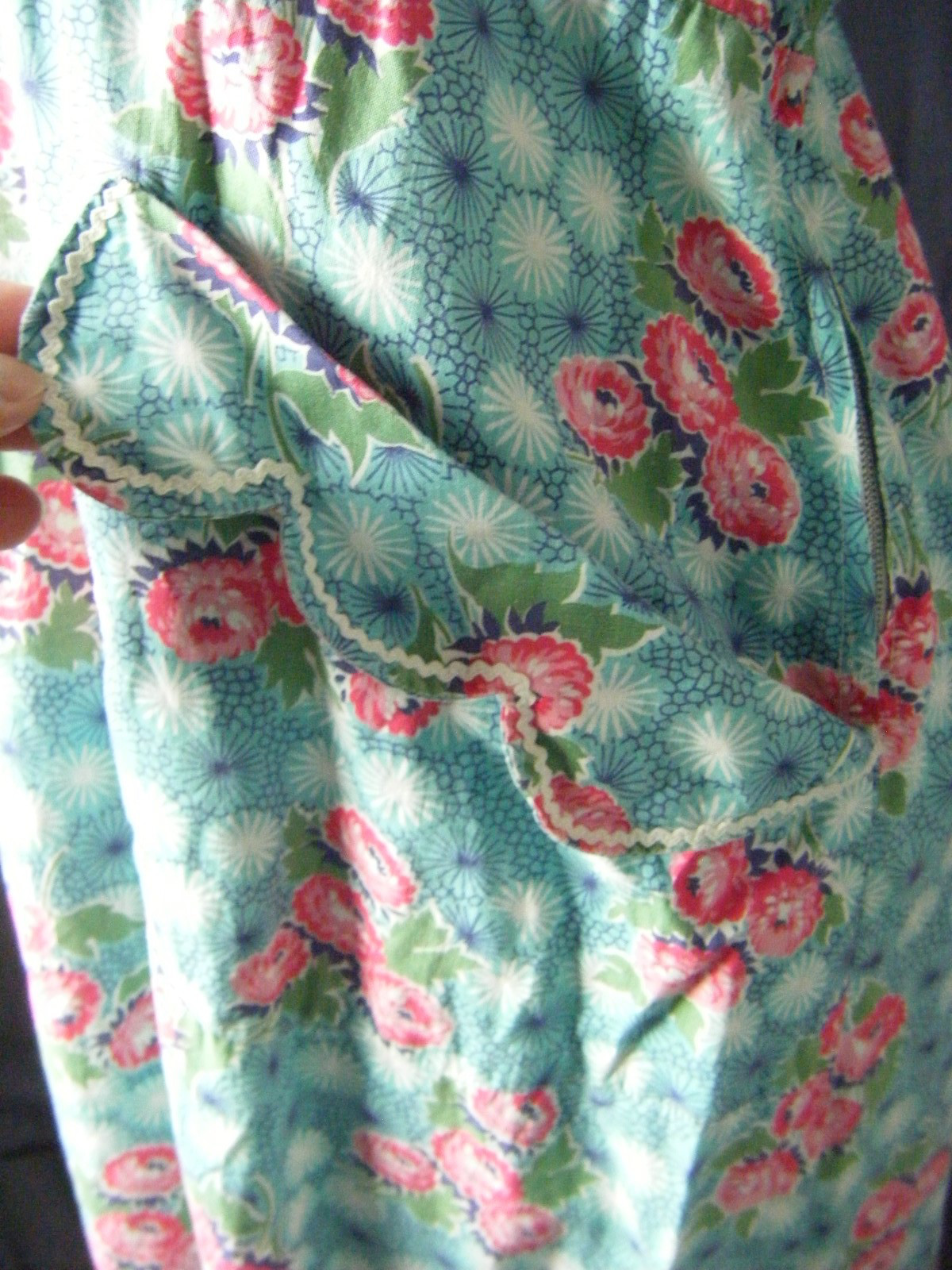 Vtg 50s Handmade Blue Pink Floral Cotton House Dress-Bust 43/M