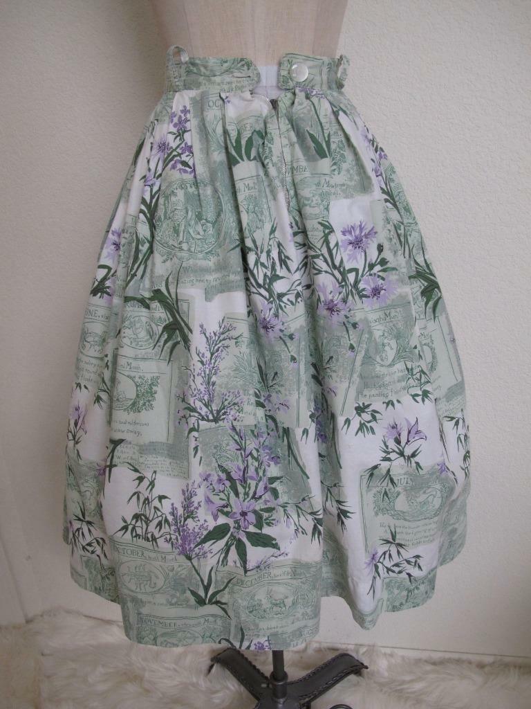 Vintage 1950s Full Pleated Cotton Skirt XXS Months of the Year Novelty Print