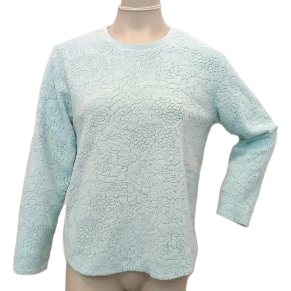 VTG Women’s Small Shirt Aqua Oscar de la Renta Pullover Teal Textured Floral