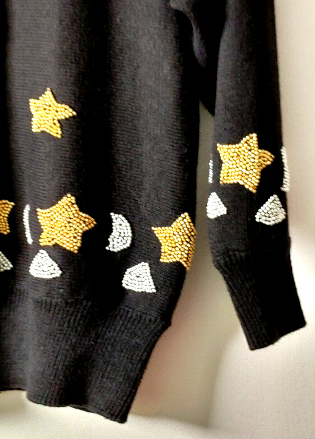 VTG EMINENT SWEATER „S” CREW NECK SCHOULDER PADS BEADED GOLD STARS SILVER MOON