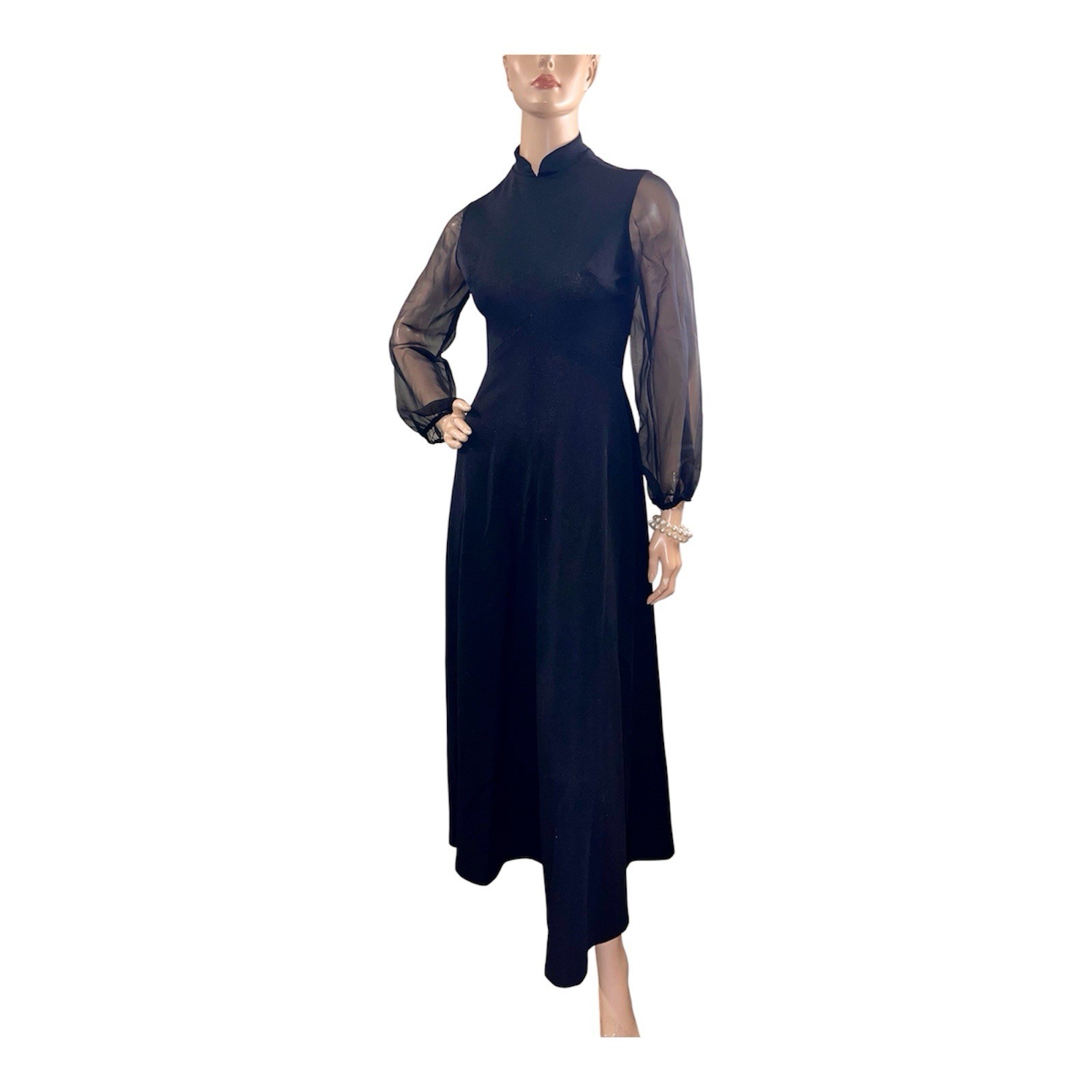 Vintage 1970 Cocktail Dress Black Party Sheer Sleeve Maxi Polyester Full Swipe S