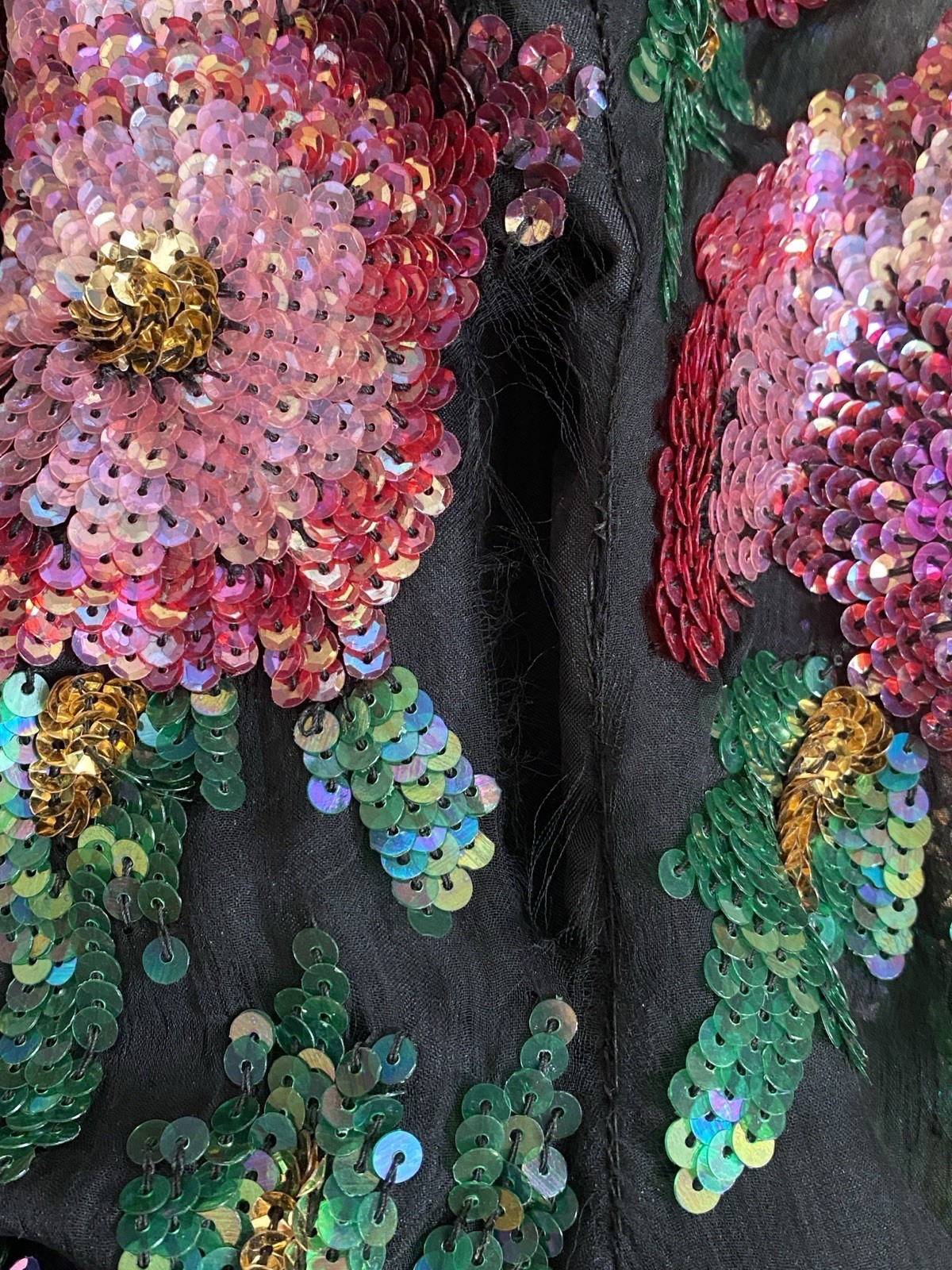 Vintage Laurence Kazar Sequin Silk Blouse Large Black Pink Purple Green Floral