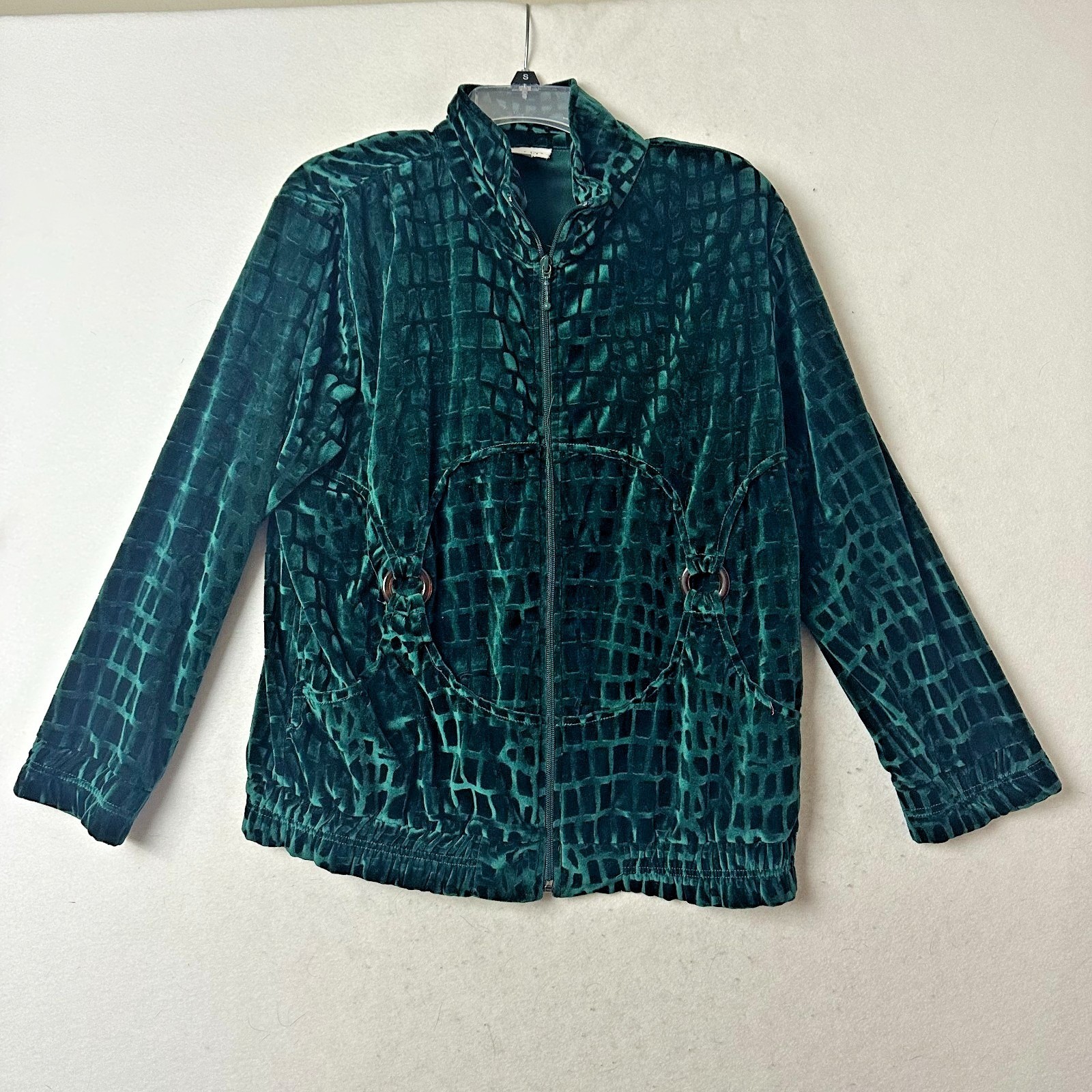 Adolfo Exclusive Vtg Green Velvet Grid Embossed Zip Up Jacket Mock Neck Small