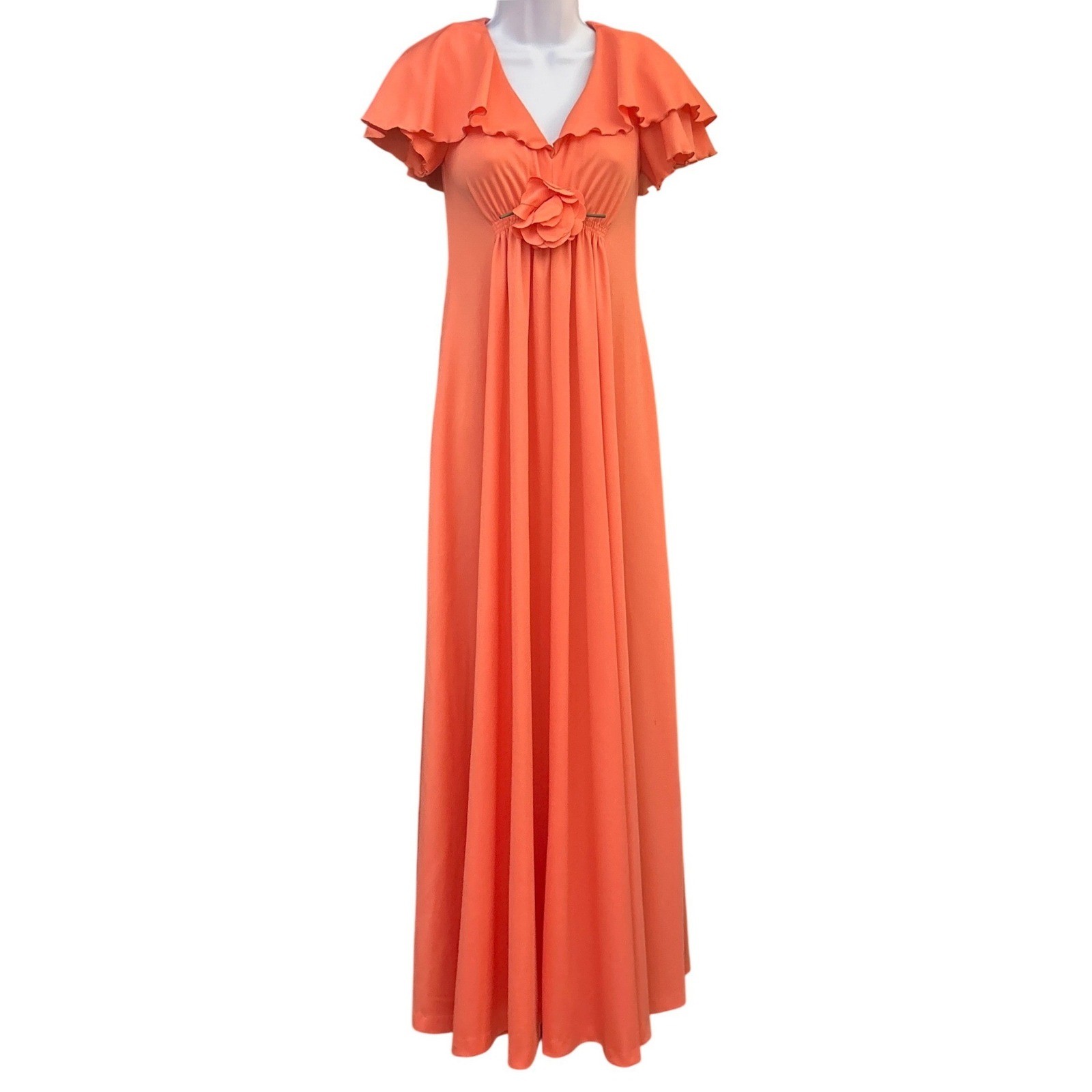 Vintage 70s Coral Orange Romantic Floral Maxi Dress Disco Regencycore Flowy Gown