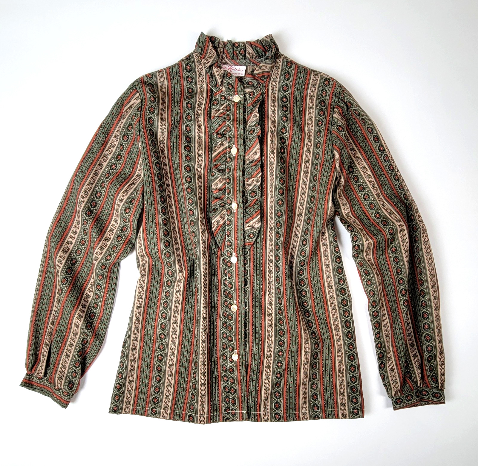 VTG ’70s Lady Holiday Button Shirt Size Small Paisley Print Ruffle Front