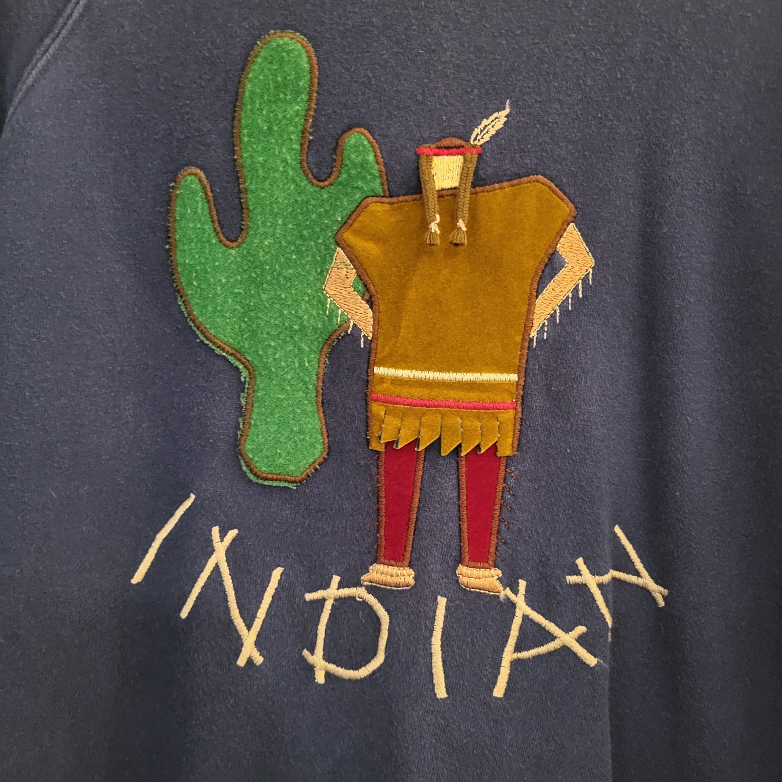 VTG 1990s ORSEN BY MIZUMI 3D Fiber Arts INDIAN Figure Blue Sweatshirt Size S-M