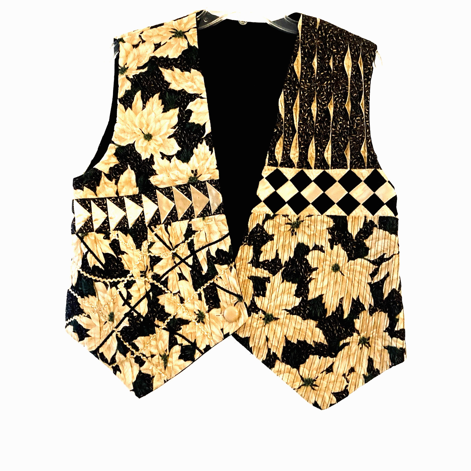 Holiday Christmas Vest Womens M Poinsettia Black Gold Partial Quilted Handmade
