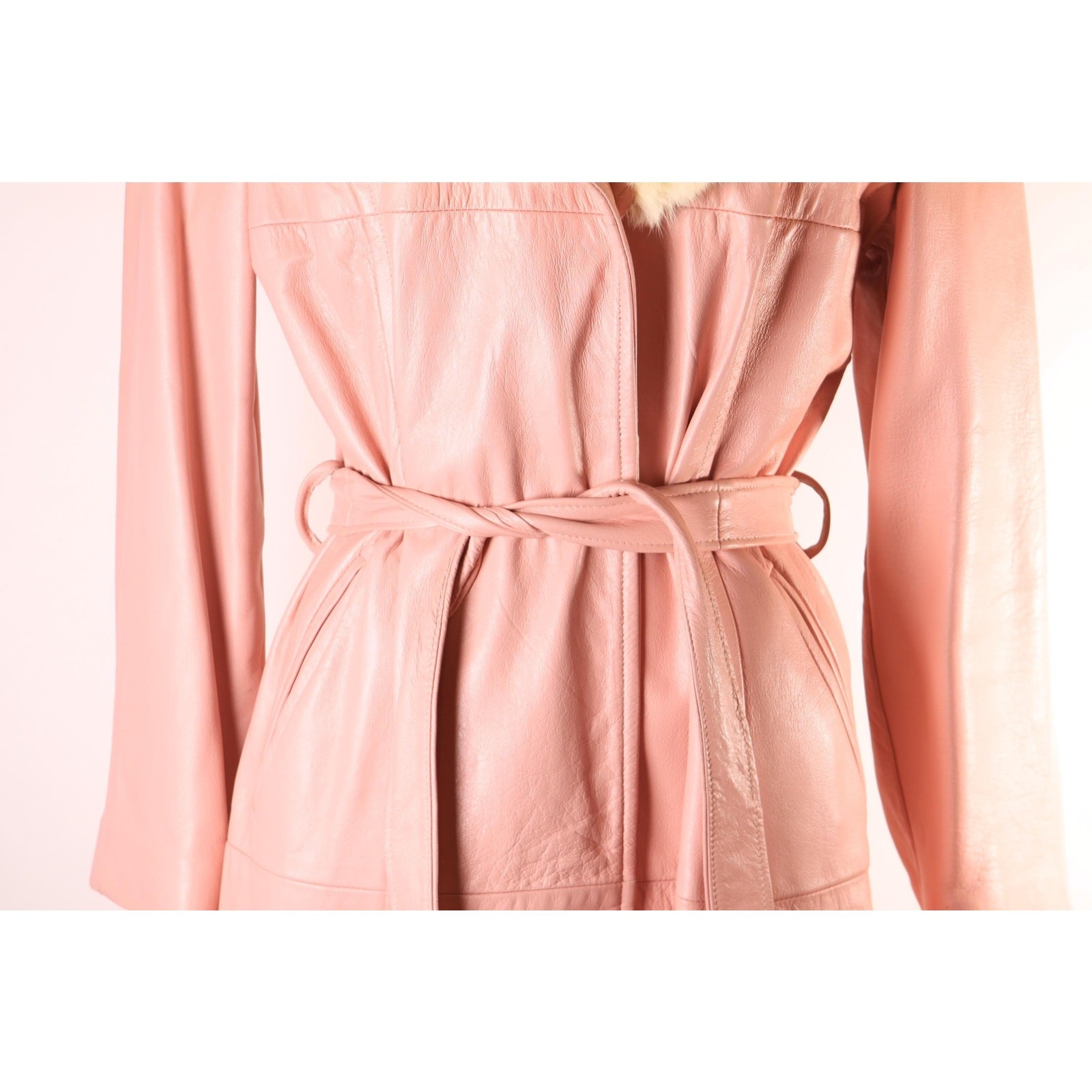 1970s Pink Leather Cream Fox Fur Trench Coat by New England Sportswear Company