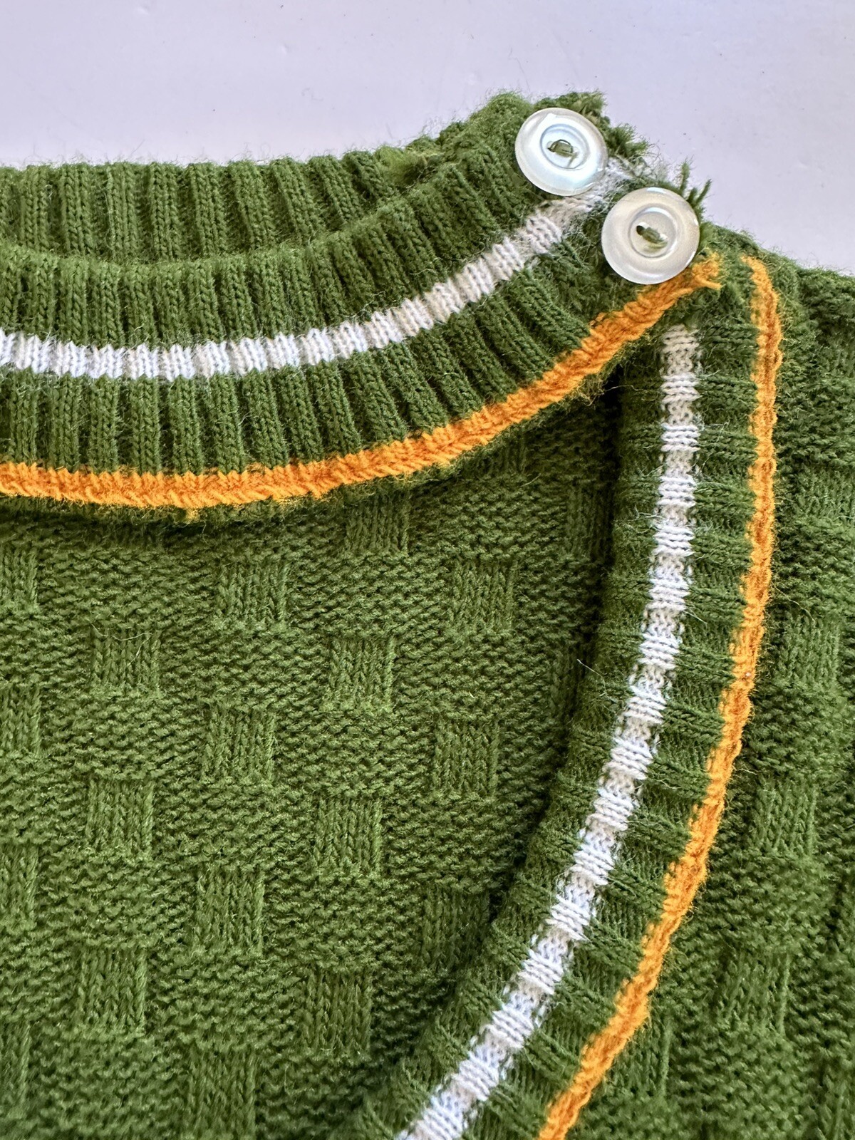 Vintage Banded Neck Acrylic Sweater Junior L 1960s 70s Scoop Green Basketweave