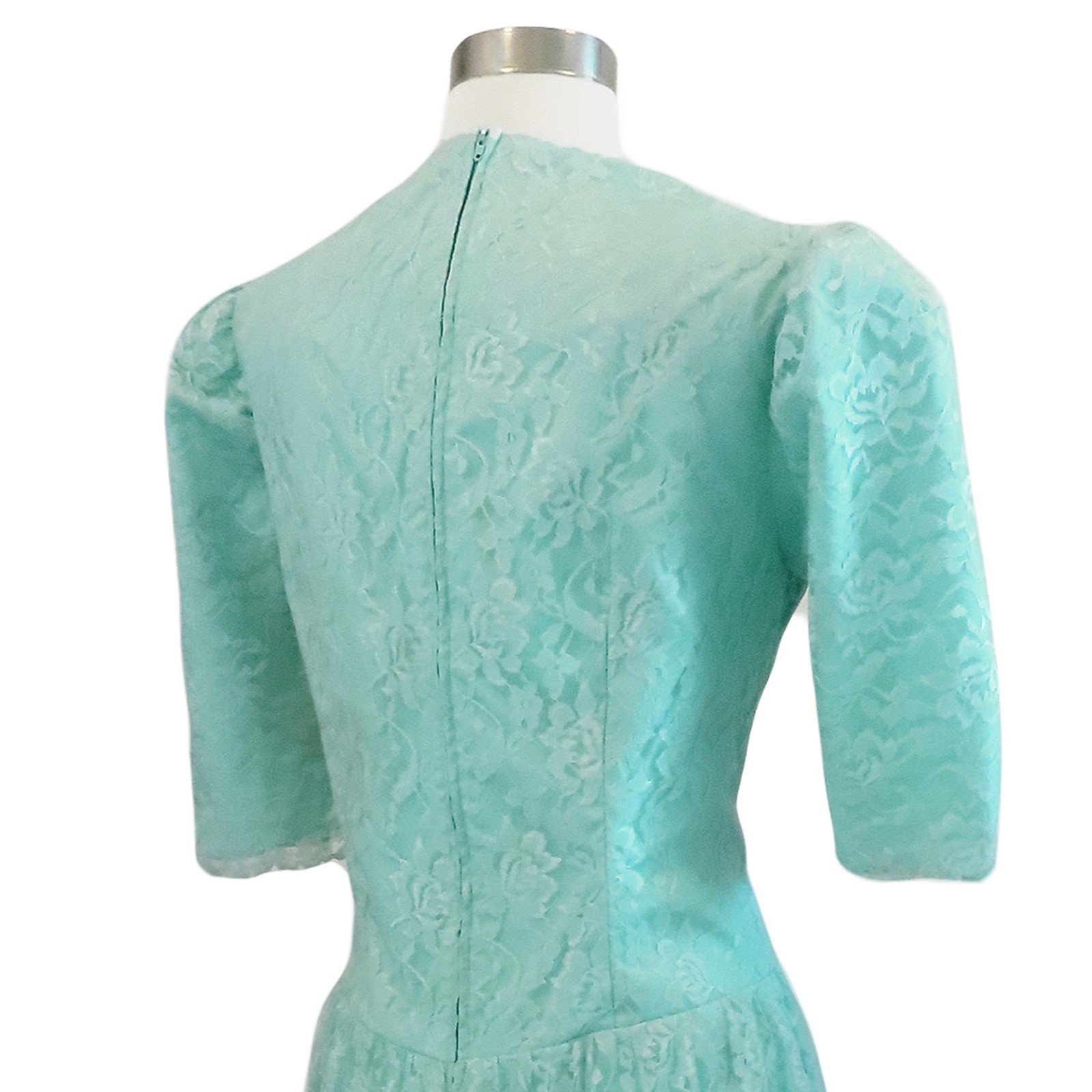 Vintage 80s Blue Green Seafoam Lace Peplum Sheath Cocktail Party Prom Dress L XL