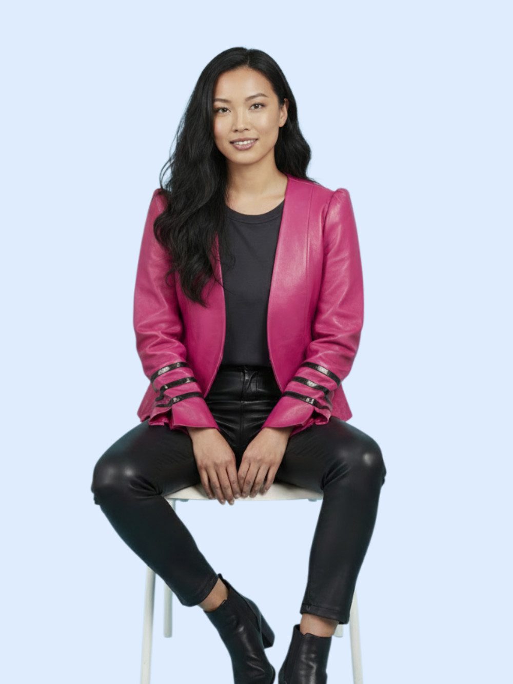 Vintage Lourdes Chavez Pink Leather Jacket S / M Puff Sleeve Black Stripe Blazer